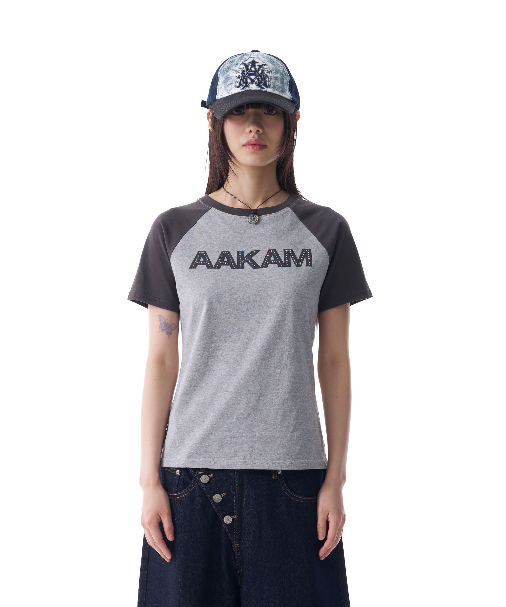 MUSINSA | AAKAM AKM Rhinestone Raglan Half Top (Gray)