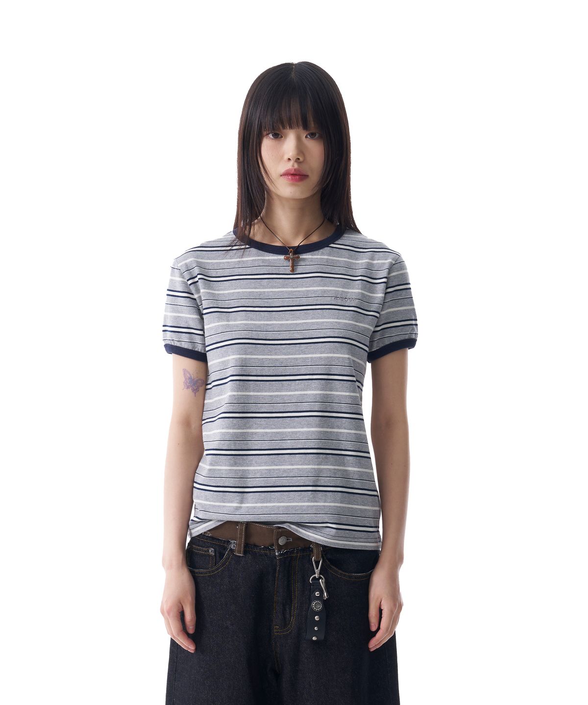 아캄(AAKAM) Striped Ringer Top (Gray-Navy)