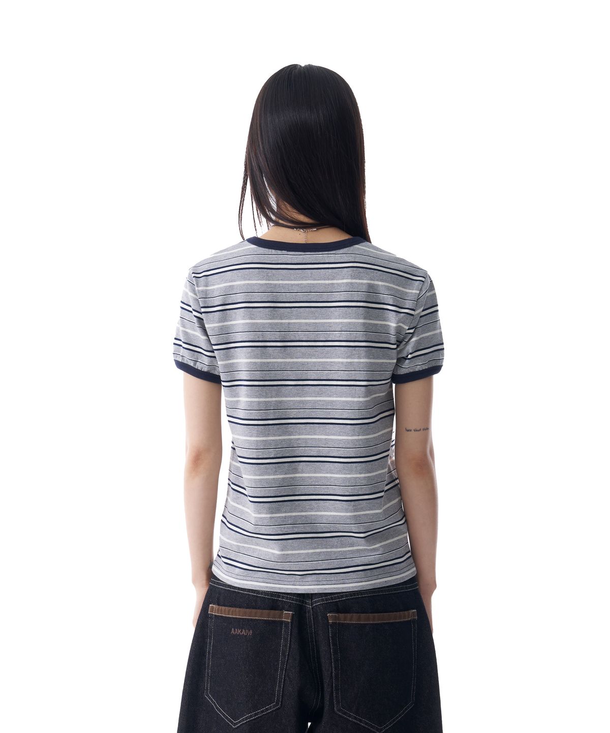 아캄(AAKAM) Striped Ringer Top (Gray-Navy)