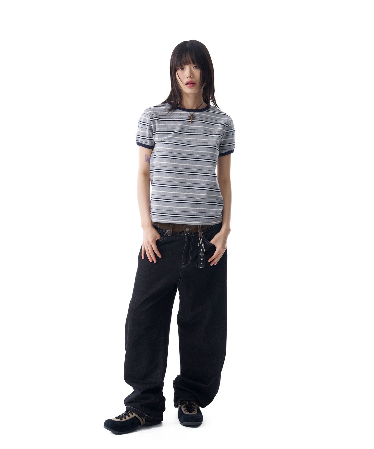 아캄(AAKAM) Striped Ringer Top (Gray-Navy)