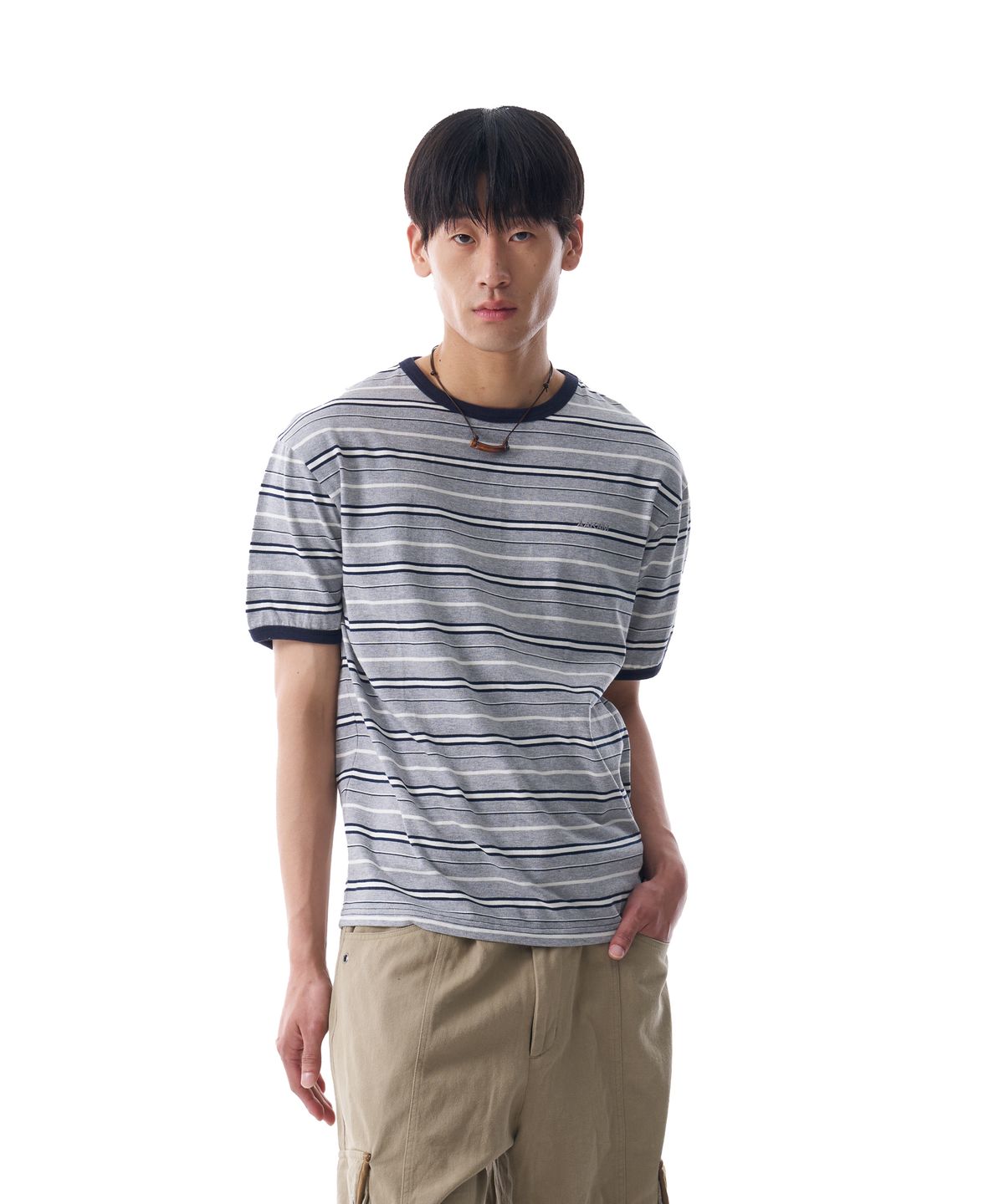 아캄(AAKAM) Striped Ringer Top (Gray-Navy)