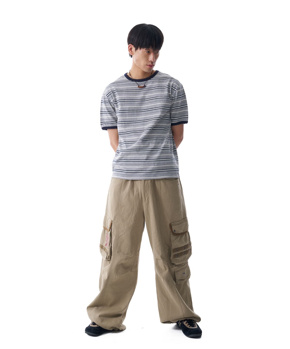 아캄(AAKAM) Striped Ringer Top (Gray-Navy)