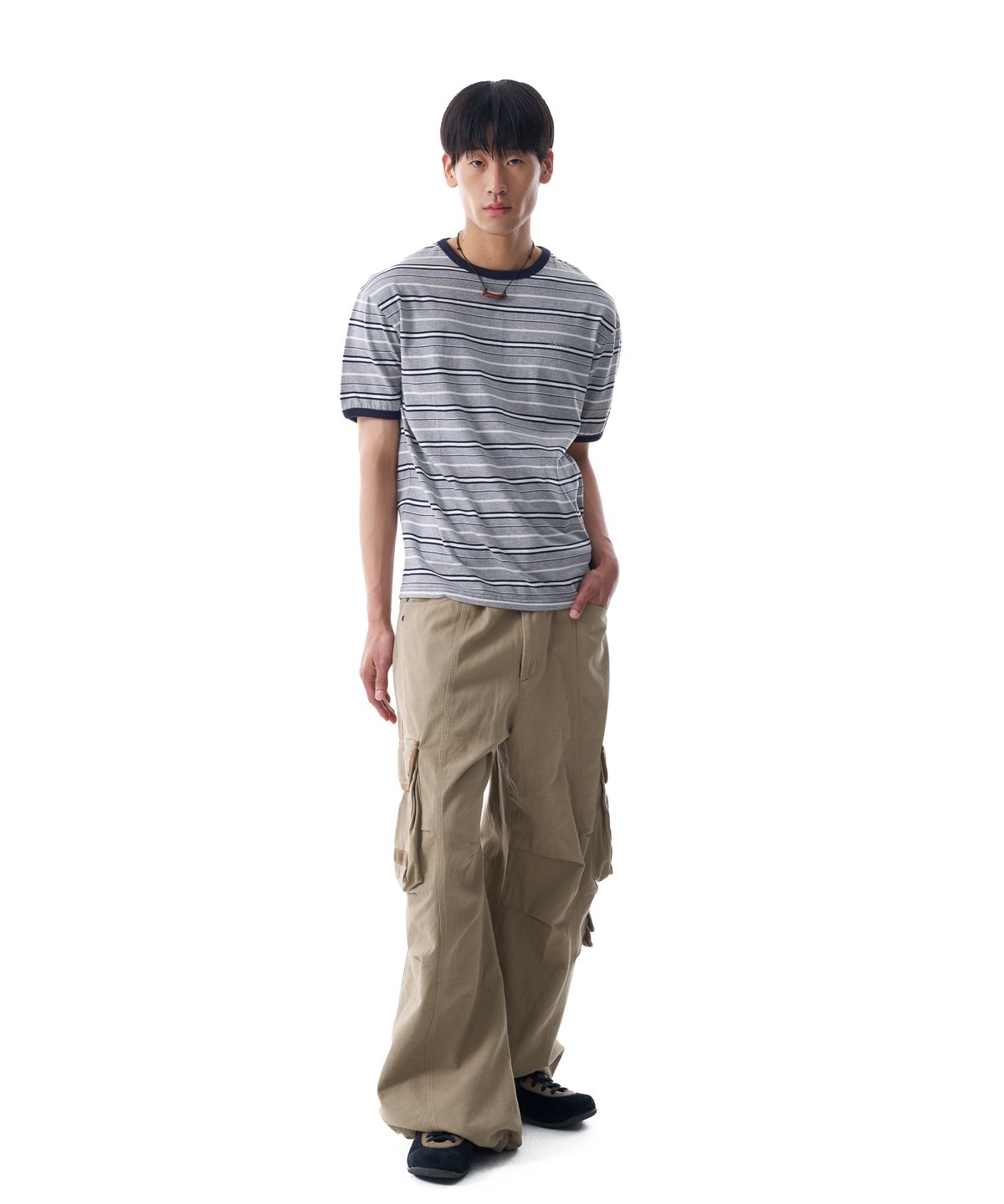 아캄(AAKAM) Striped Ringer Top (Gray-Navy)