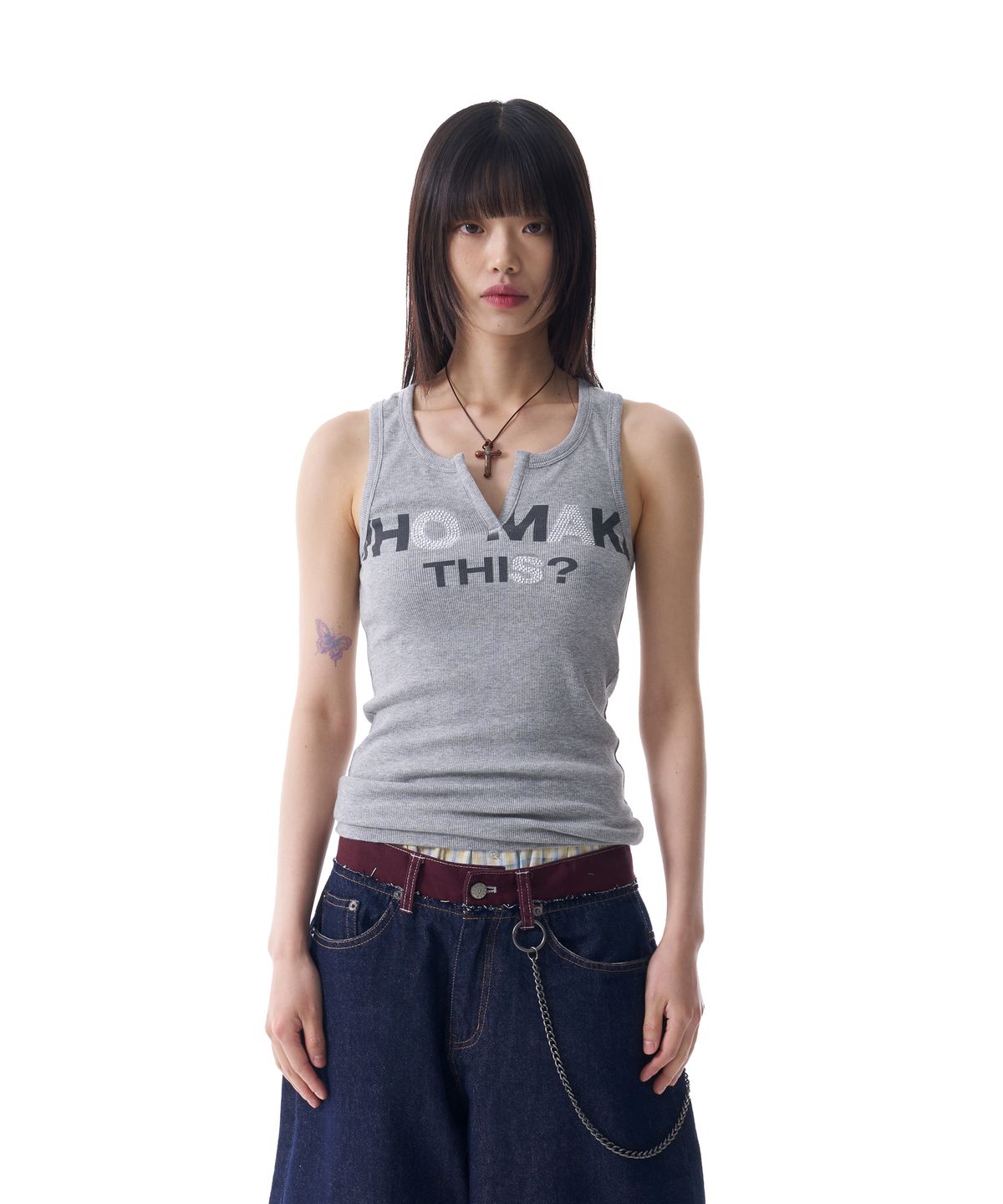 아캄(AAKAM) Rhinestone Slit Sleeveless (Gray)