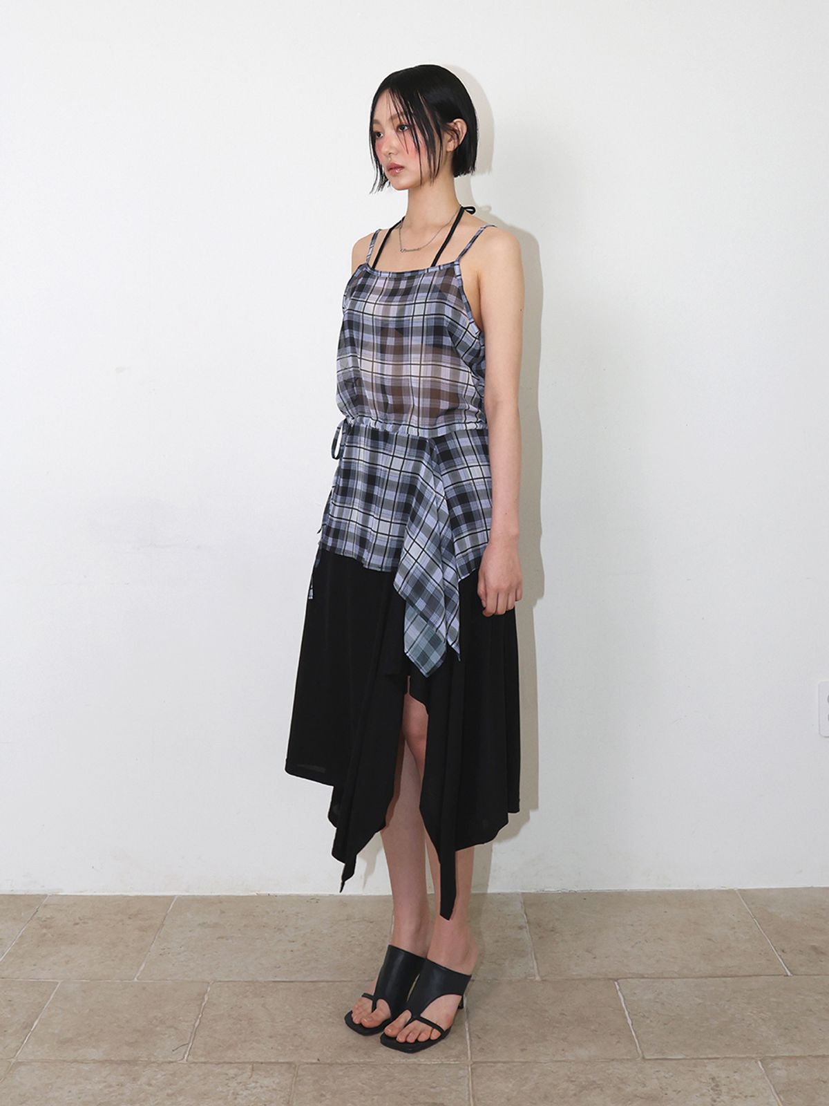 민더리(MEENDERI) SHEER ASYMMETRIC CHECK BUSTIER - BLACK