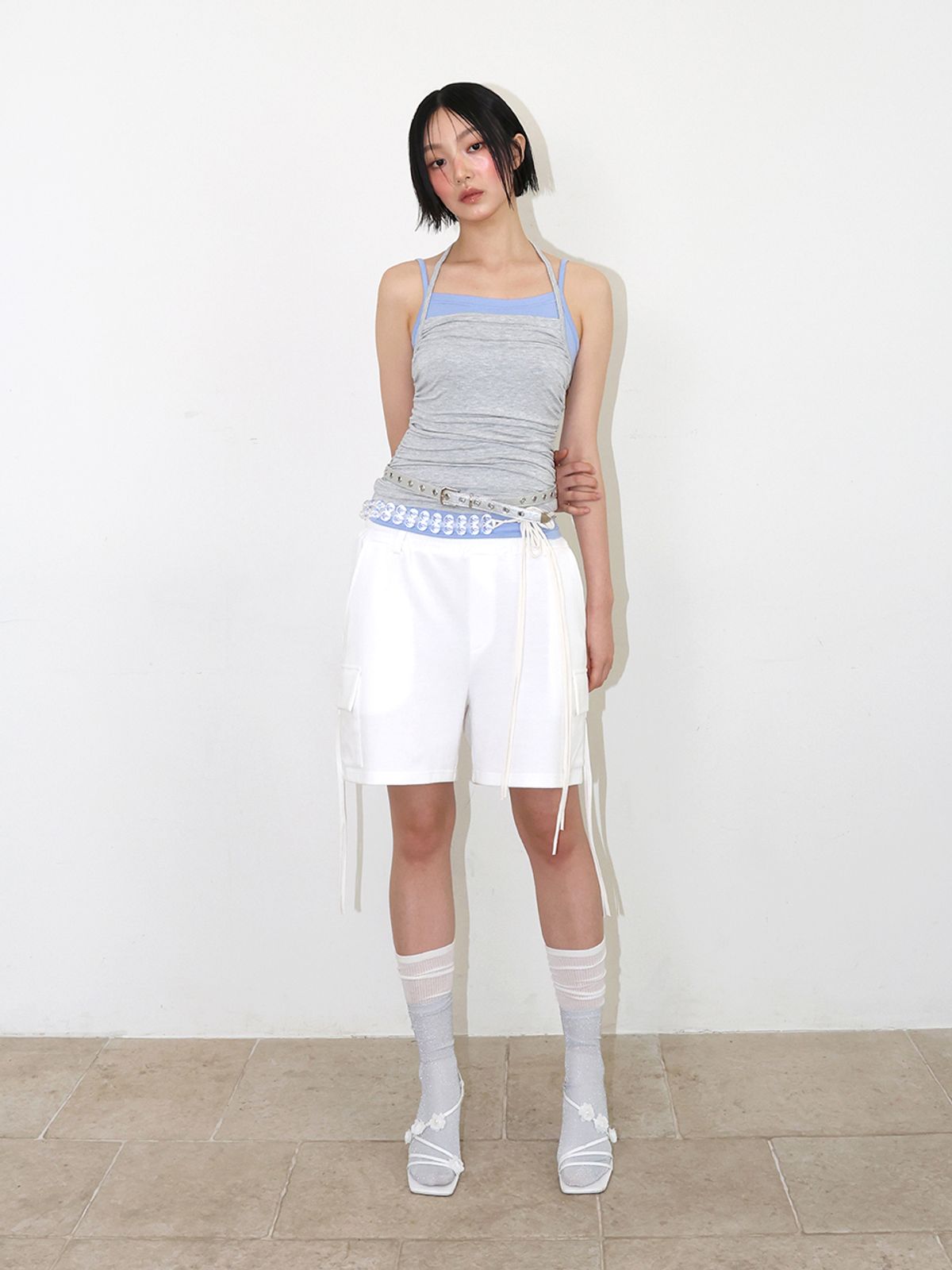 민더리(MEENDERI) DOUBLE STRAP SHIRRING SLEEVELESS - GREY