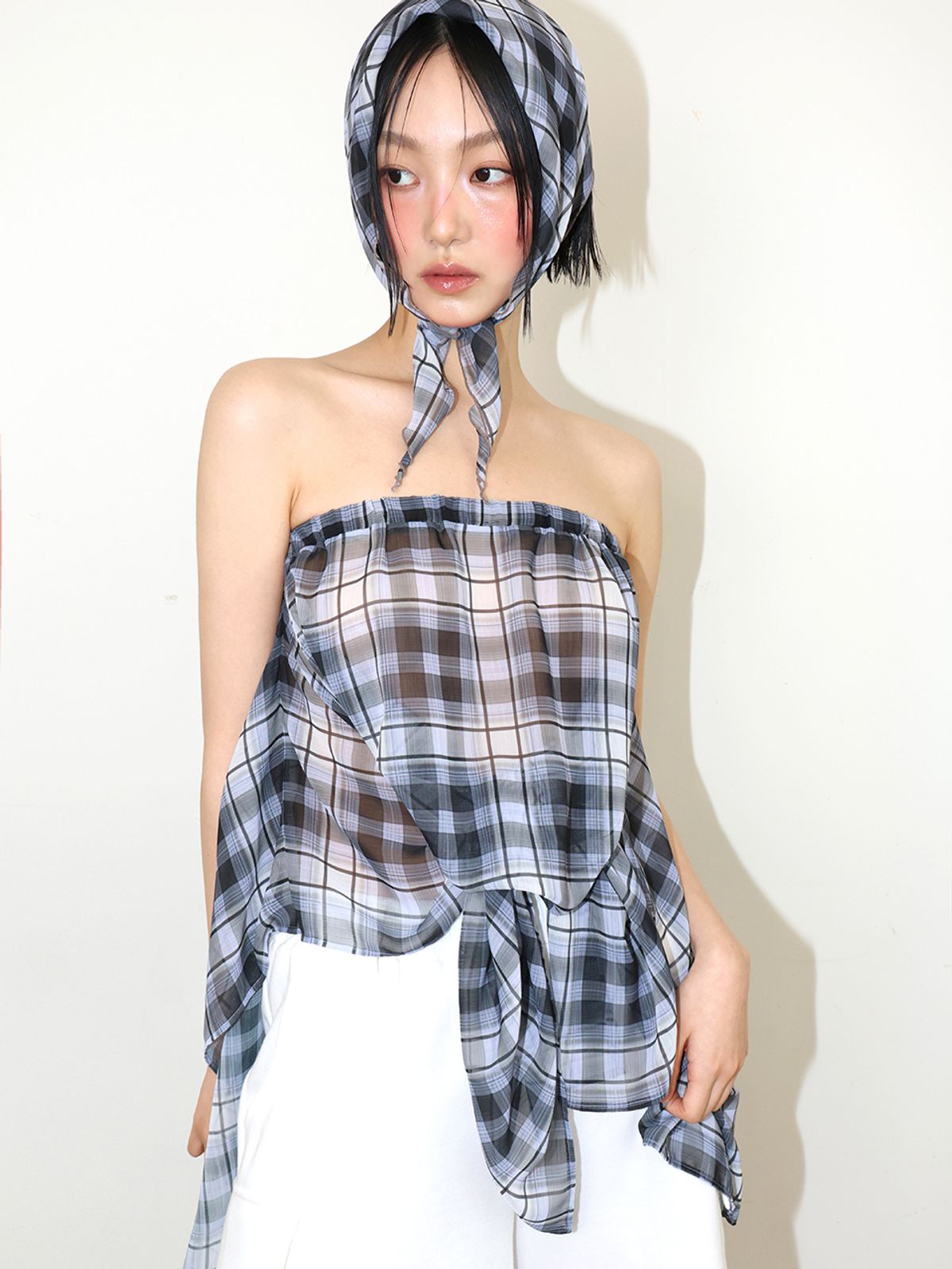 민더리(MEENDERI) SHEER CHECK SCARF - BLACK