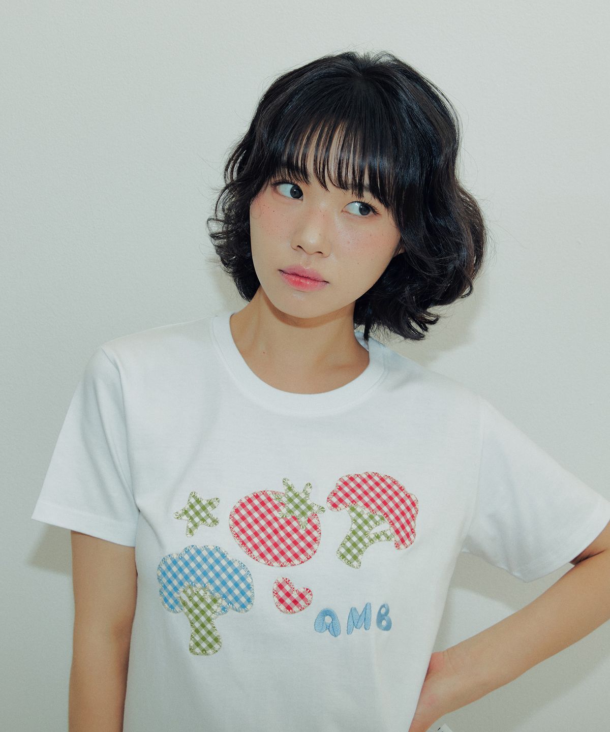 엠블러(AMBLER) Tomato Broccoli Duo Patch 체크 패치 반팔 티셔츠 AS1224 (화이트)