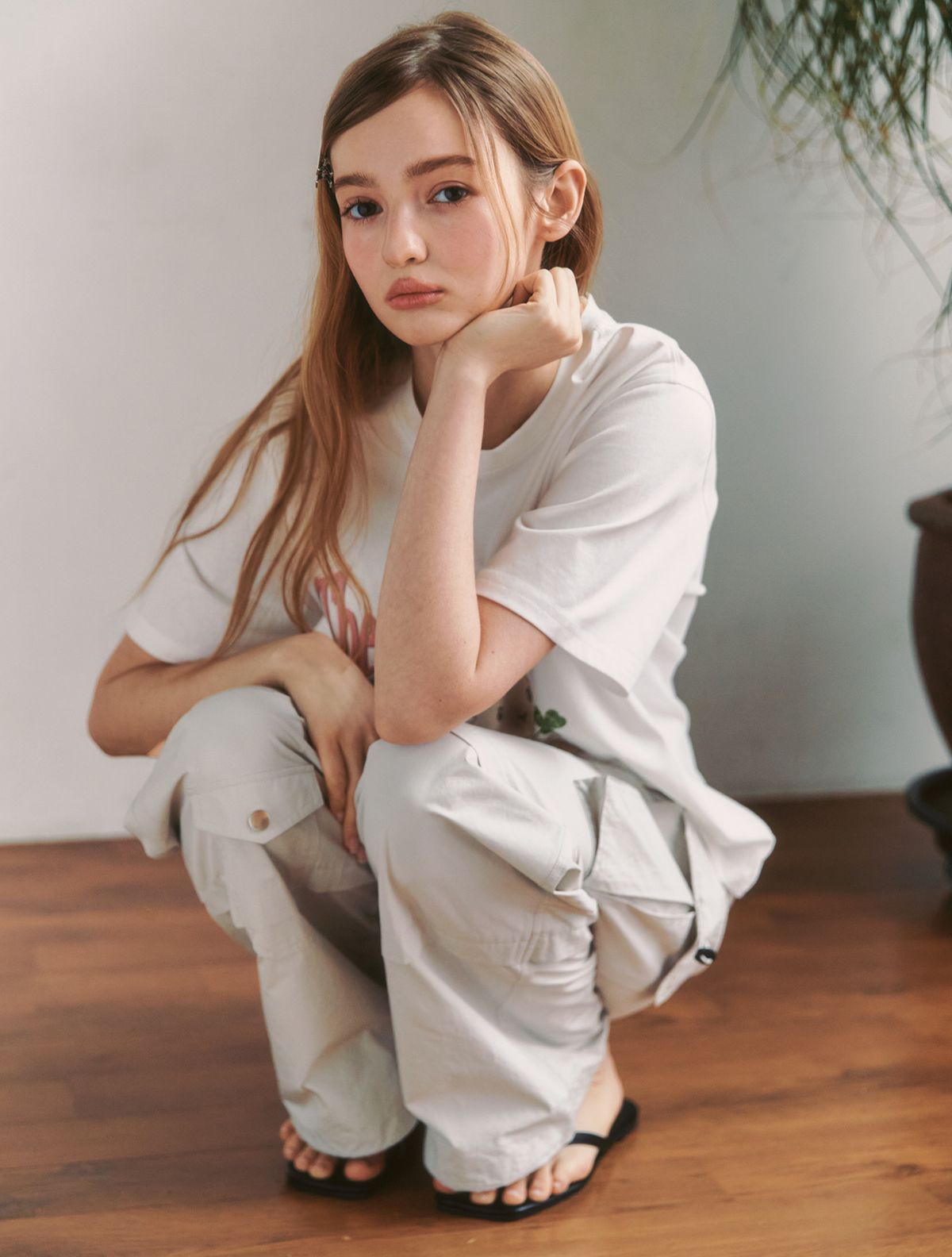 클루니(CLUNY) Solid Pocket Wide Cargo Pants - light gray