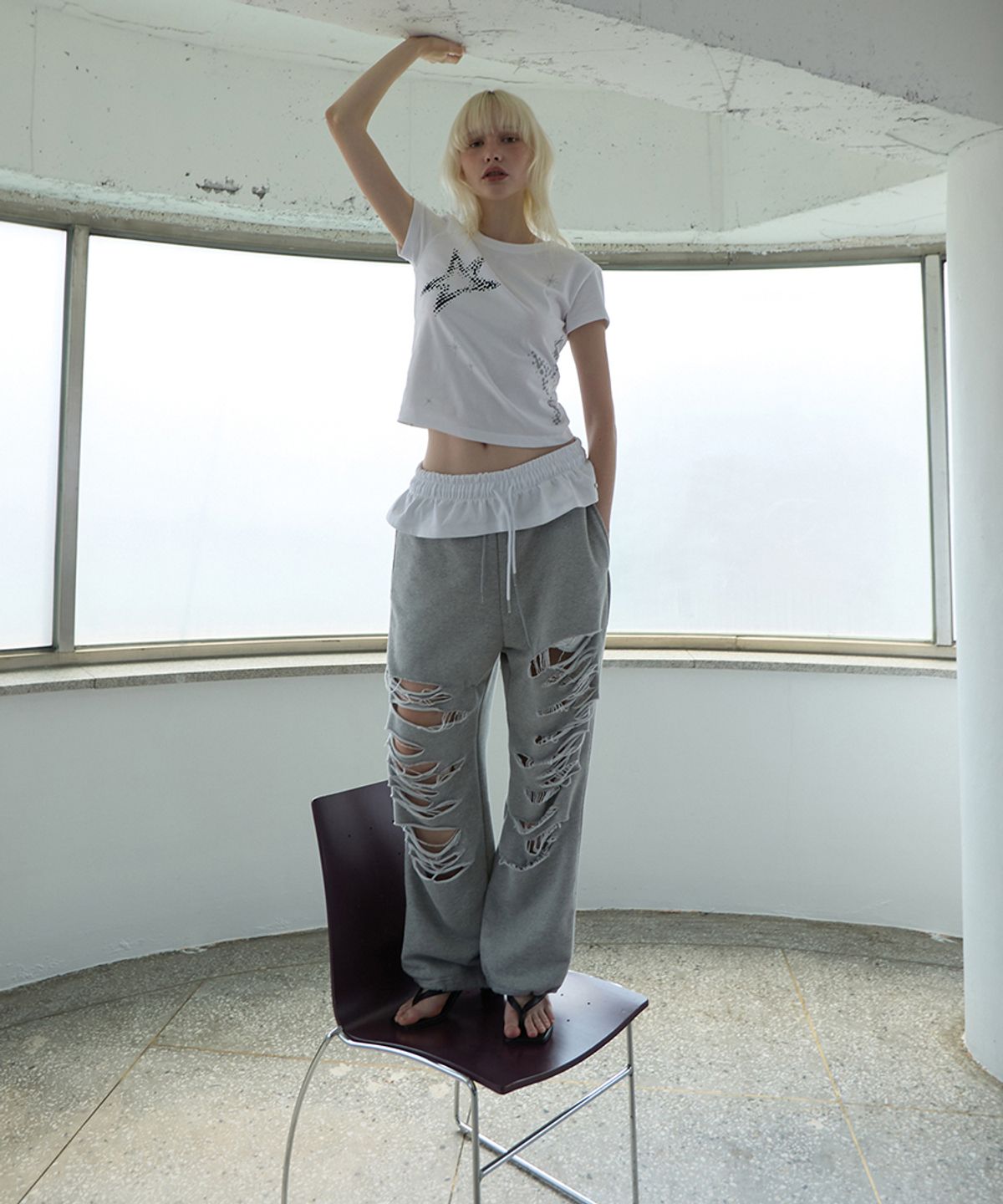 렌세(RENSE) Damage Sweat Pants Melange Gray