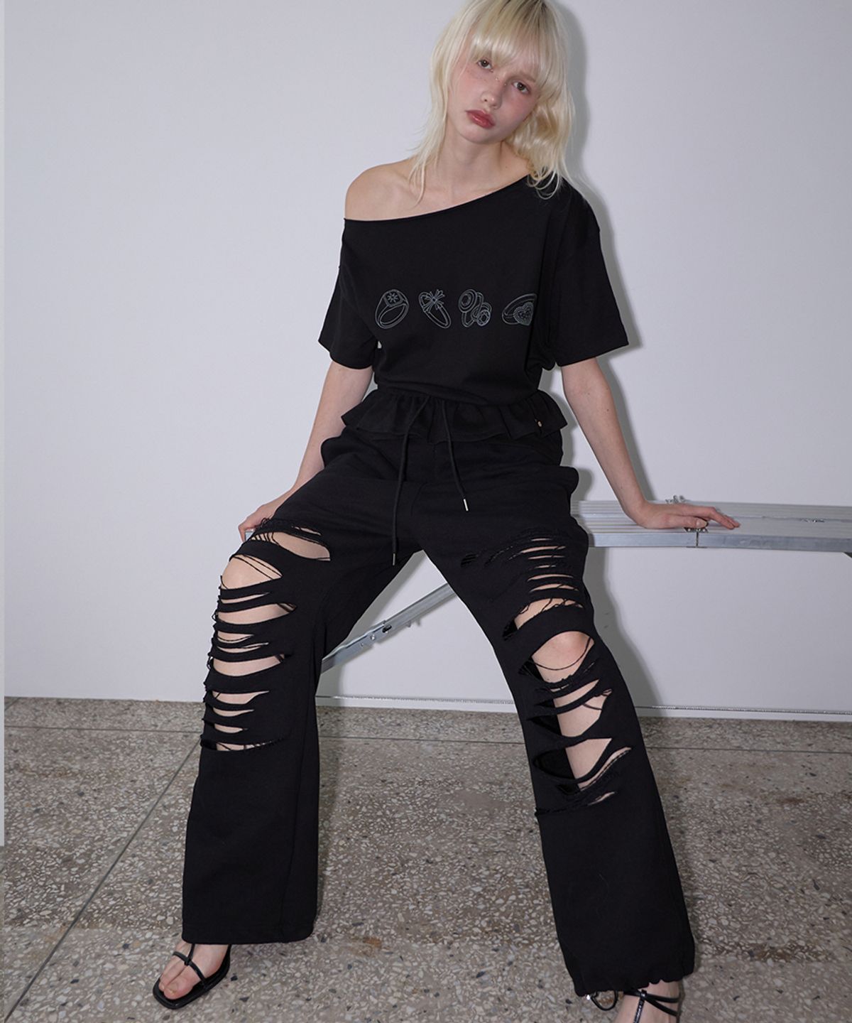 렌세(RENSE) Damage Sweat Pants Black