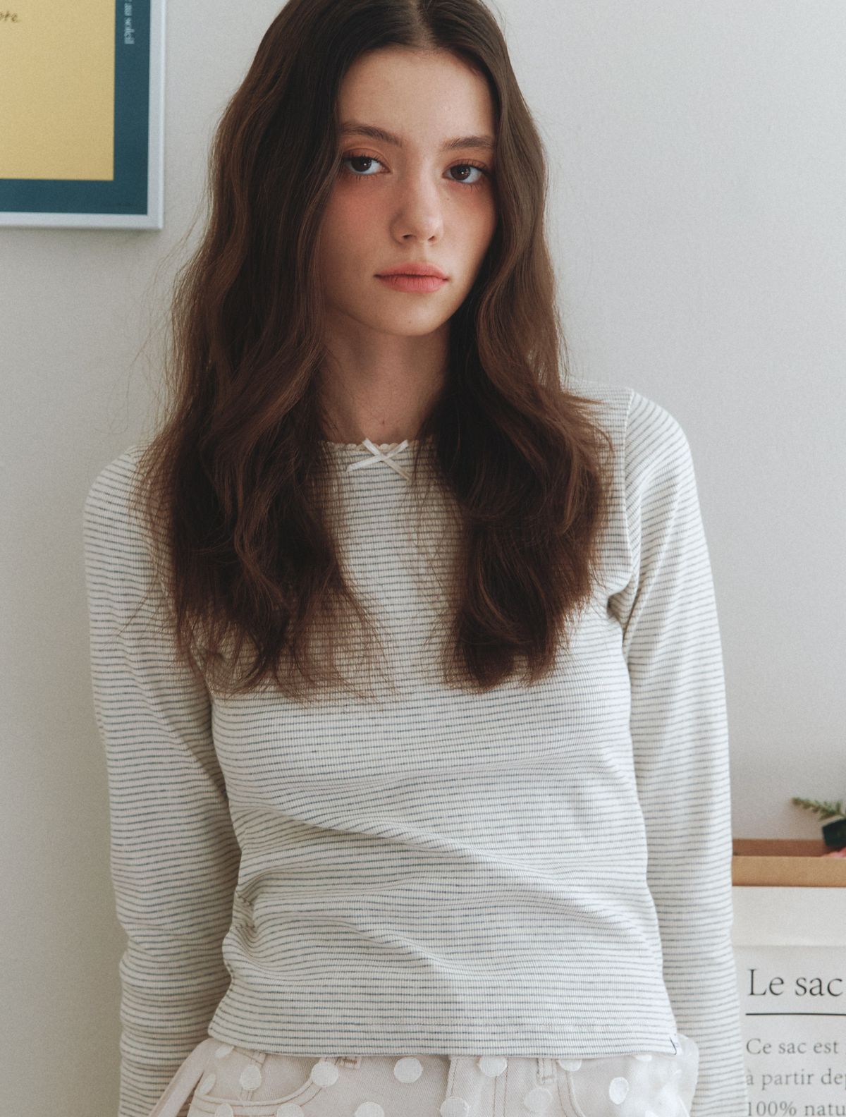 클루니(CLUNY) Waffle Lace Detail Long Sleeve T-Shirt - ivory