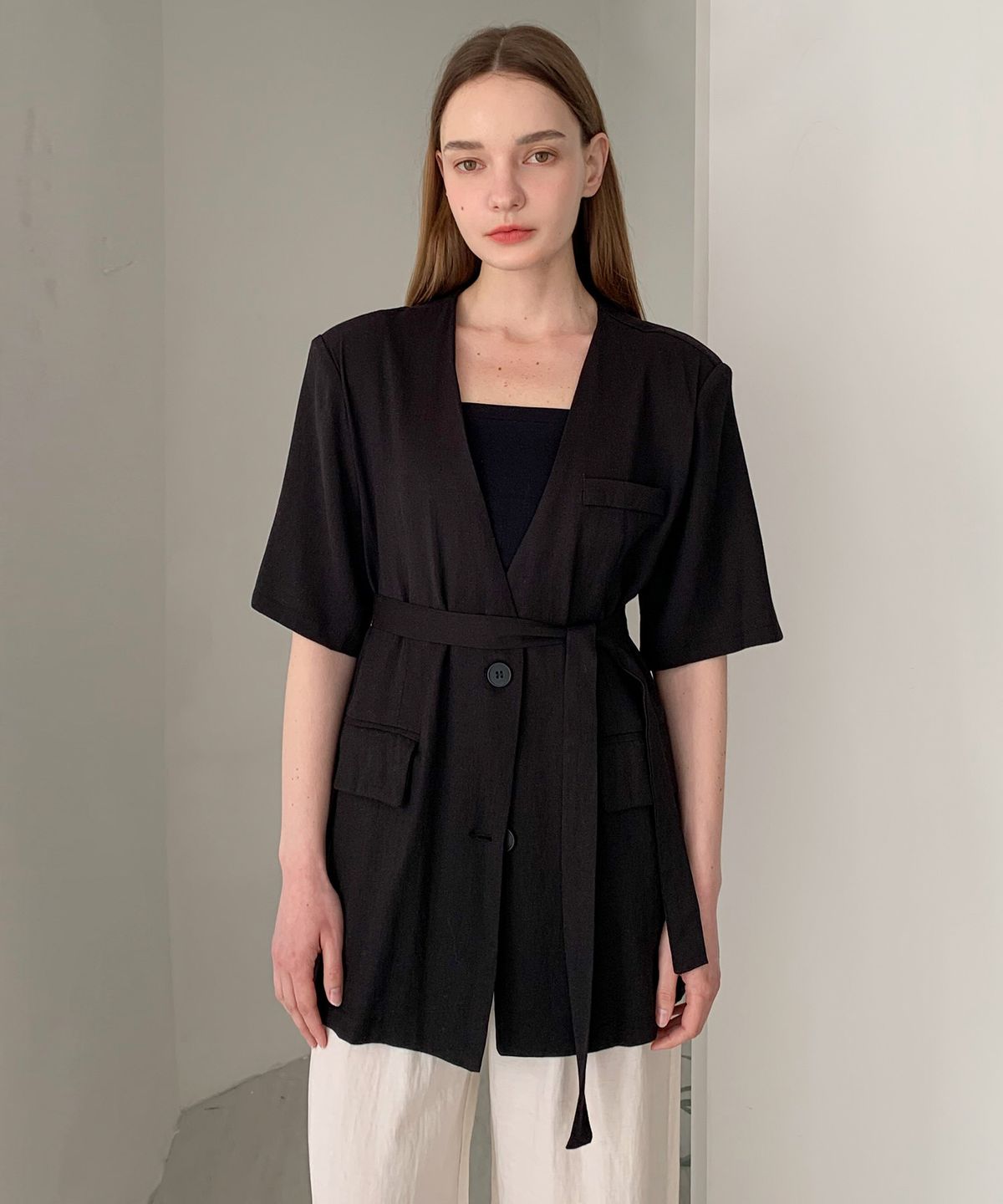 바스카라(VASCARA) Collarless Linen Single Short-Sleeve Jacket (3colors)