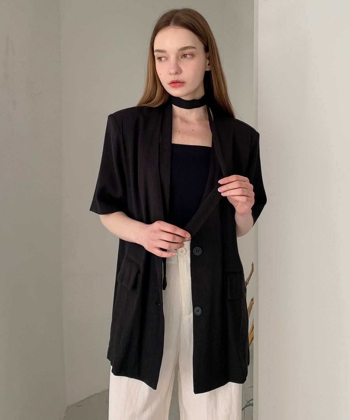 바스카라(VASCARA) Collarless Linen Single Short-Sleeve Jacket (3colors)