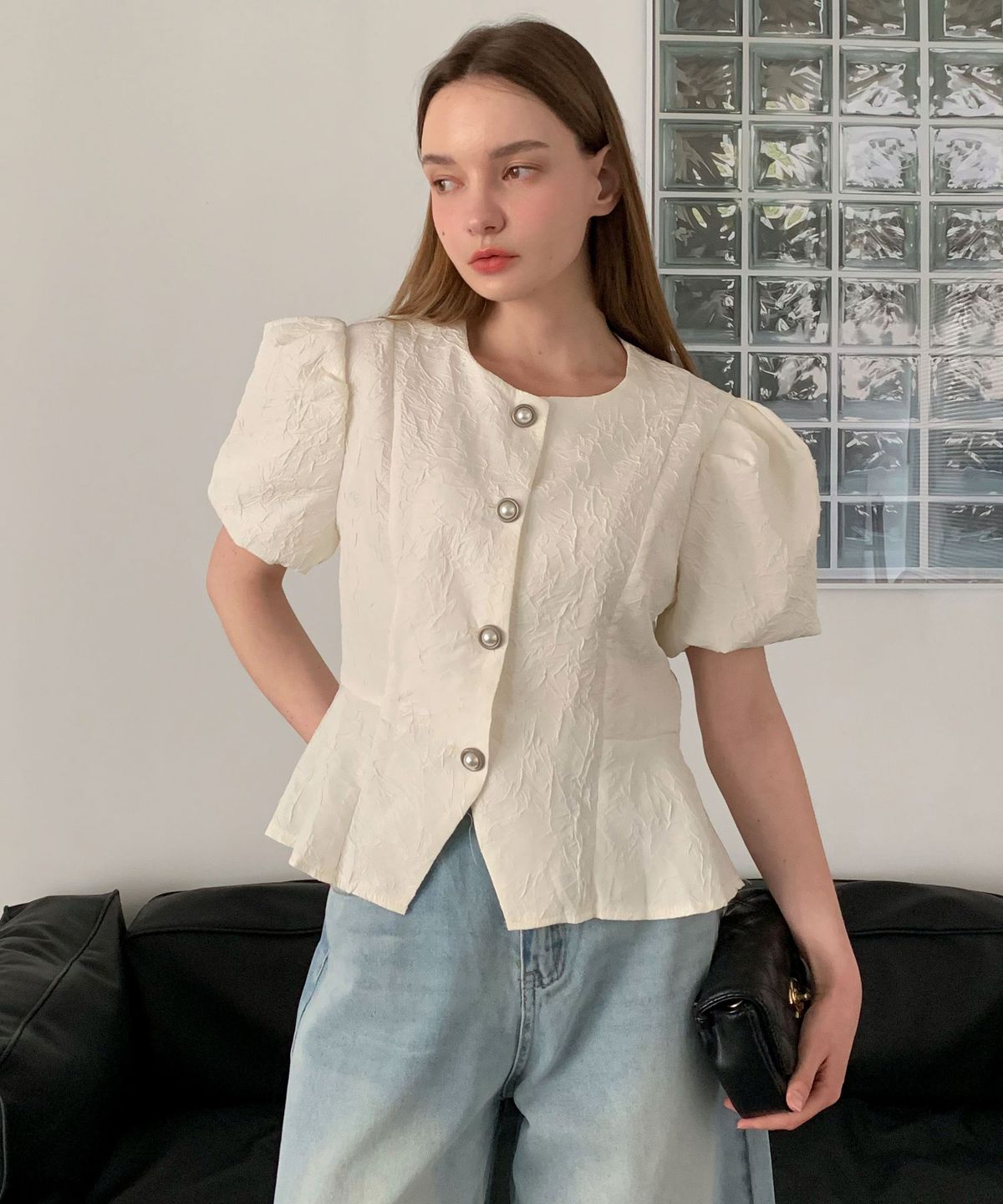 바스카라(VASCARA) Peplum Puff Shoulder Short-Sleeve Jacket (2colors)