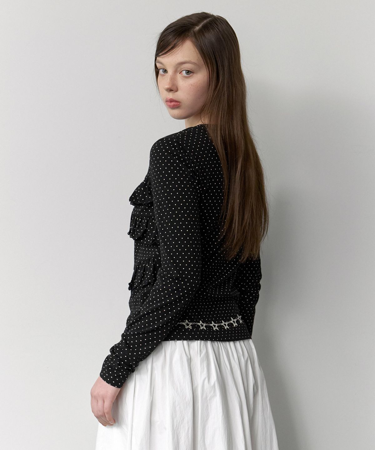 클루니(CLUNY) Frill Lace Dot Long Sleeve T-Shirt - black