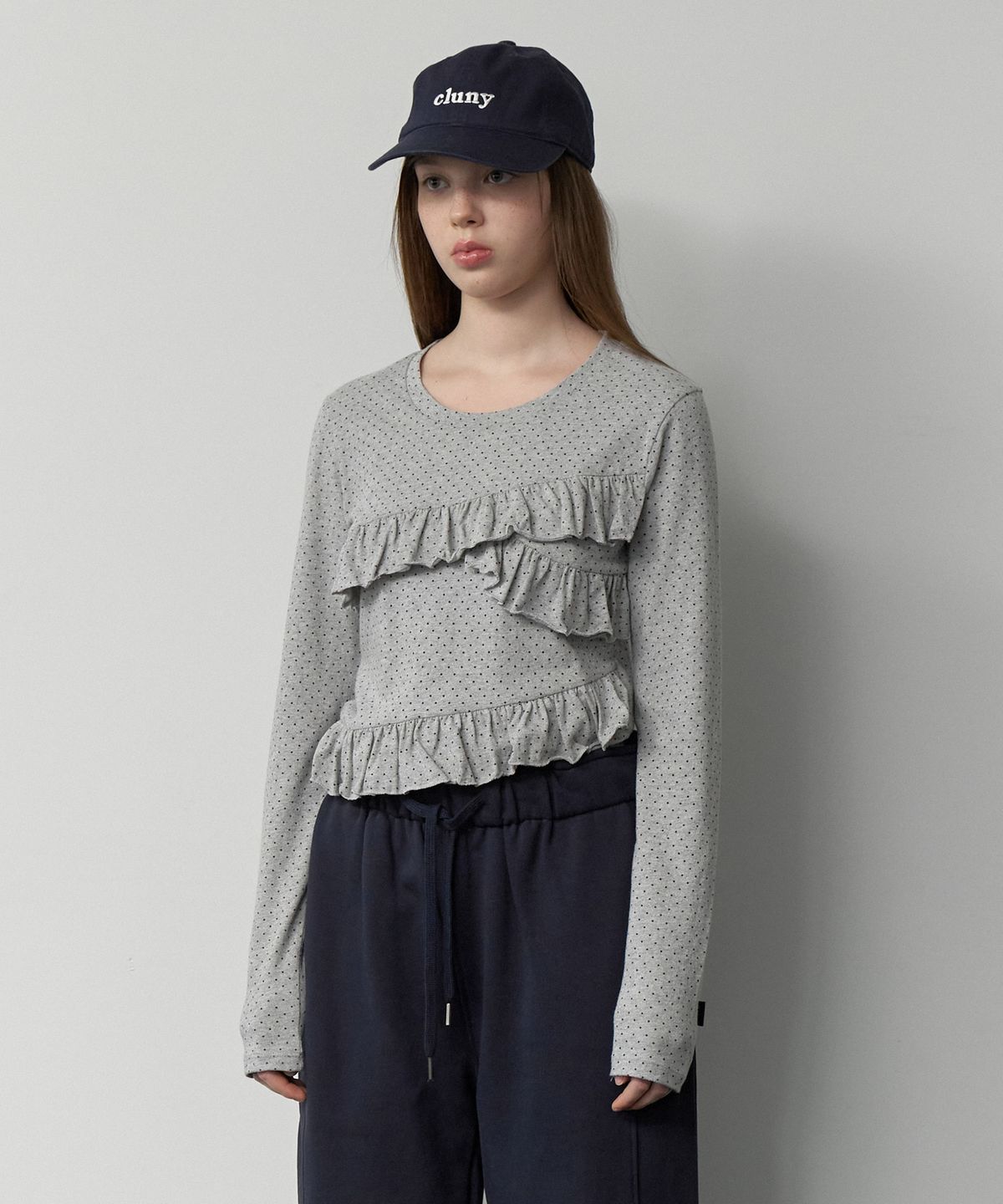 클루니(CLUNY) Frill Lace Dot Long Sleeve T-Shirt - gray