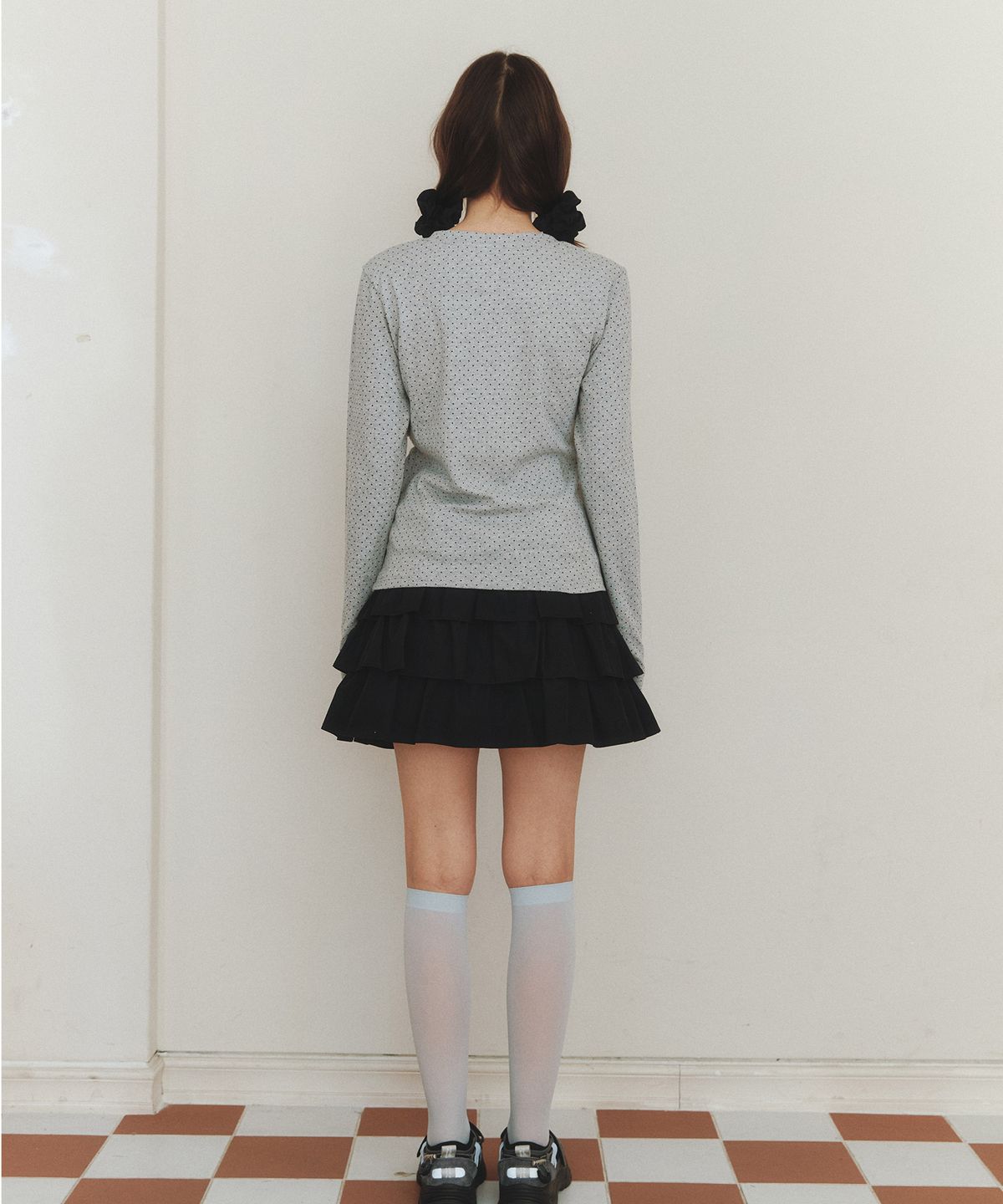 클루니(CLUNY) Frill Lace Dot Long Sleeve T-Shirt - gray