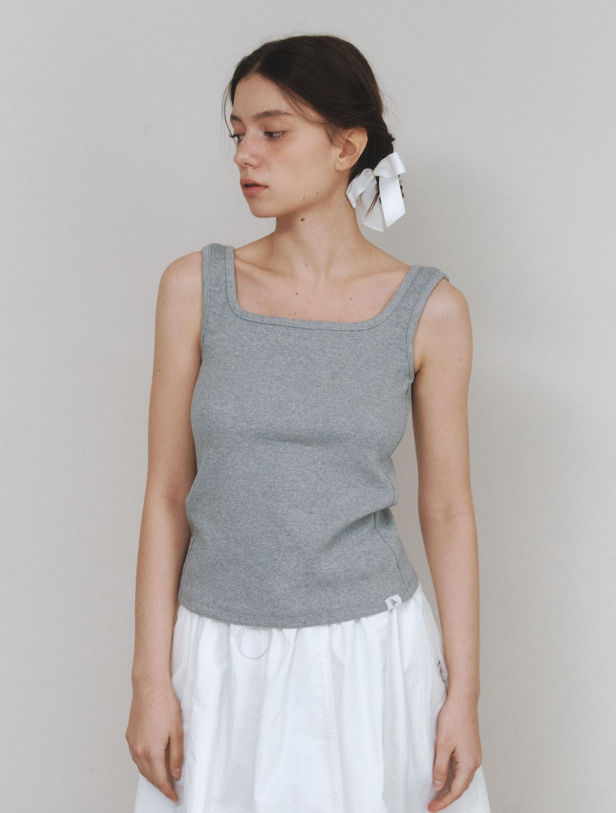 클루니(CLUNY) Cotton Ribbed Square Neck Sleeveless Top - gray