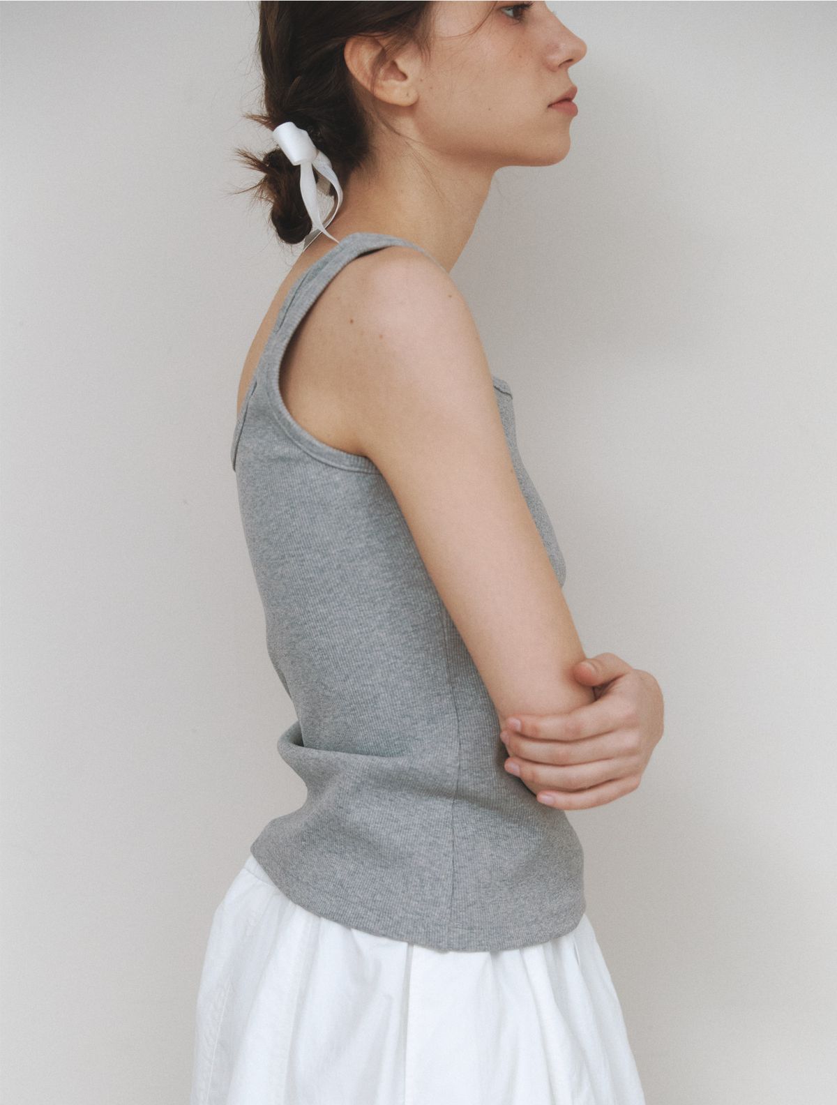 클루니(CLUNY) Cotton Ribbed Square Neck Sleeveless Top - gray