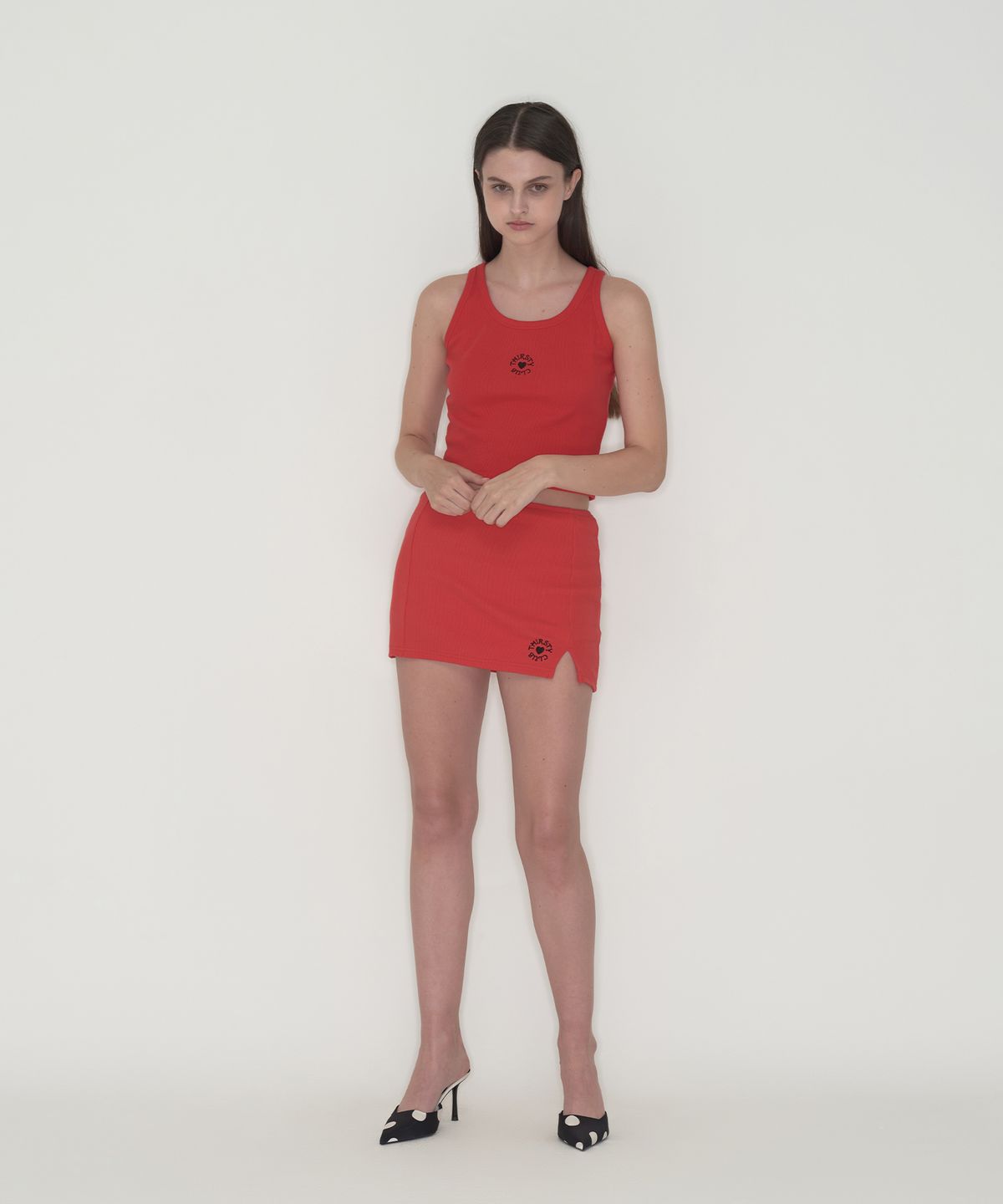 떨스티클럽(THIRSTYCLUB) Round logo slit skirt pants - Red