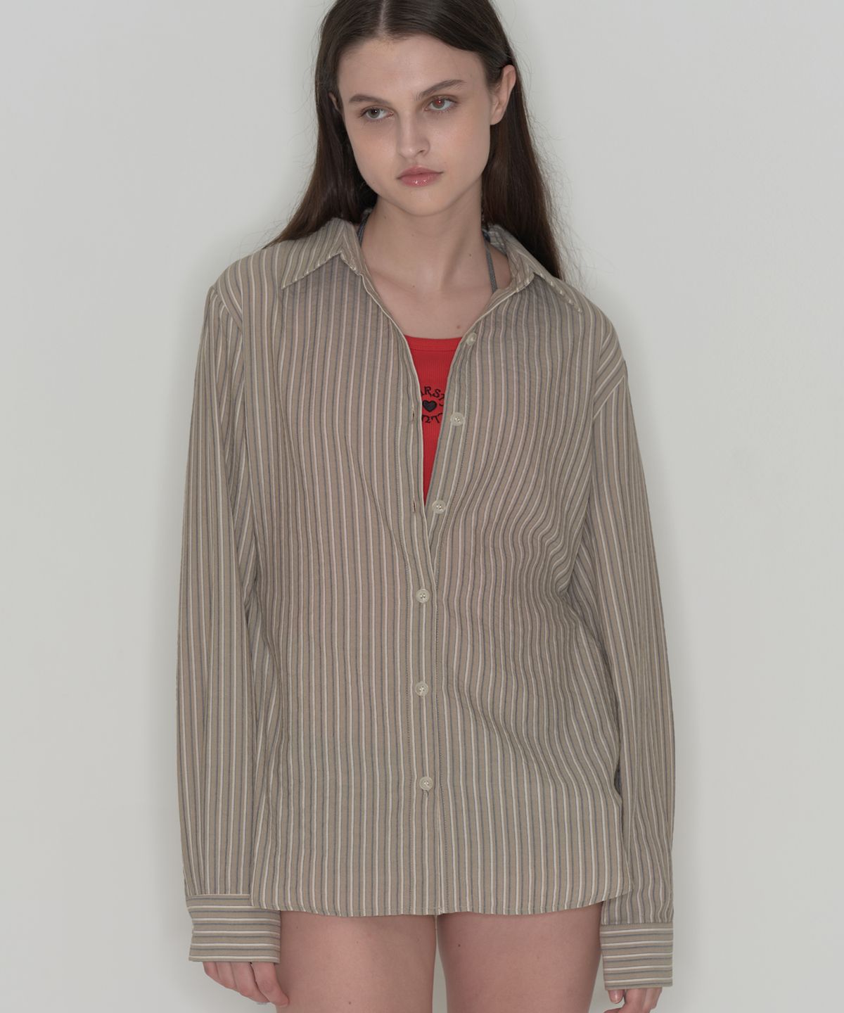 떨스티클럽(THIRSTYCLUB) 3way stripe shirts (side buttons) - Brown