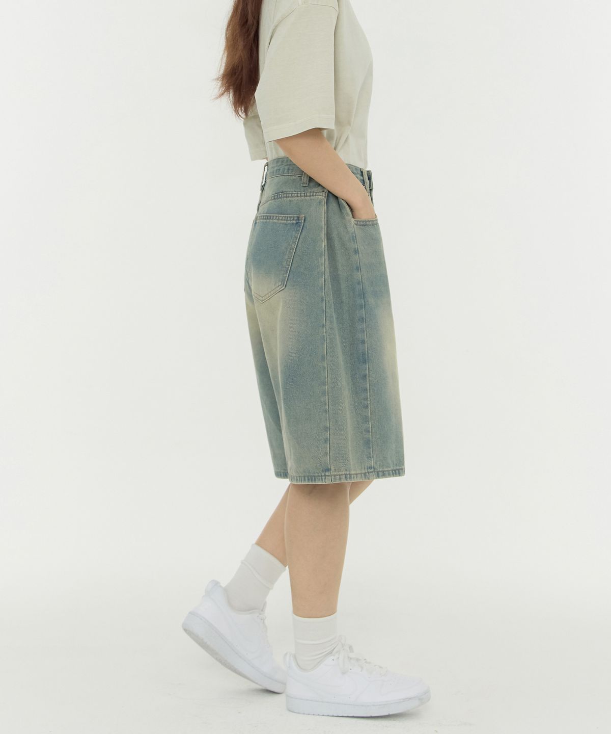 진마니아(JINMANIA) 사이드 핀턱 와이드 5부 하프데님 팬츠 유니섹스 (중청)