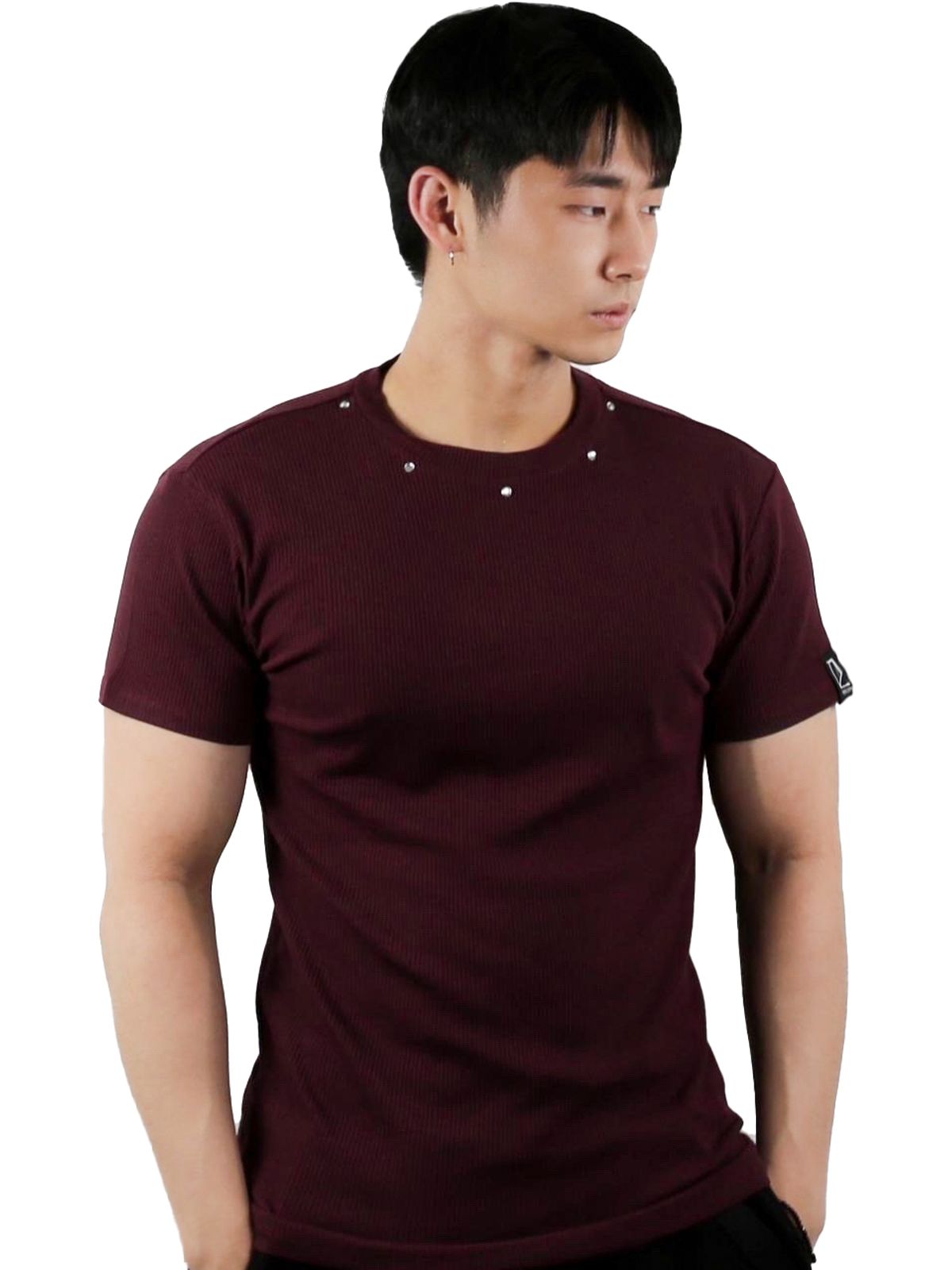 디그노루시르(DIGNOLUCIR) 큐빅 골지 슬림 반팔티(burgundy)