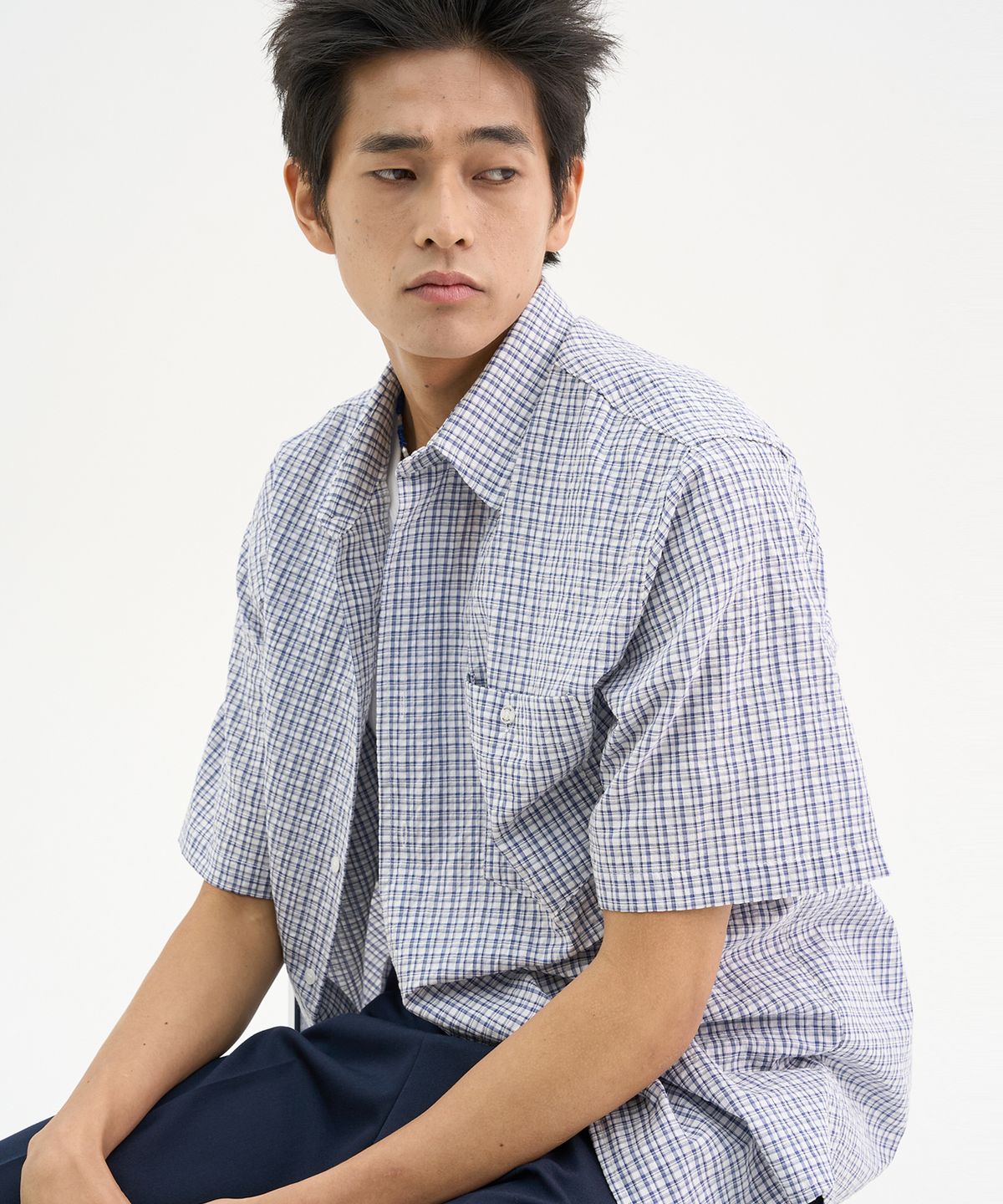 트립르센스(TRIP LE SENS) 워셔블 레이어드 체크 하프 셔츠_화이트 브리즈