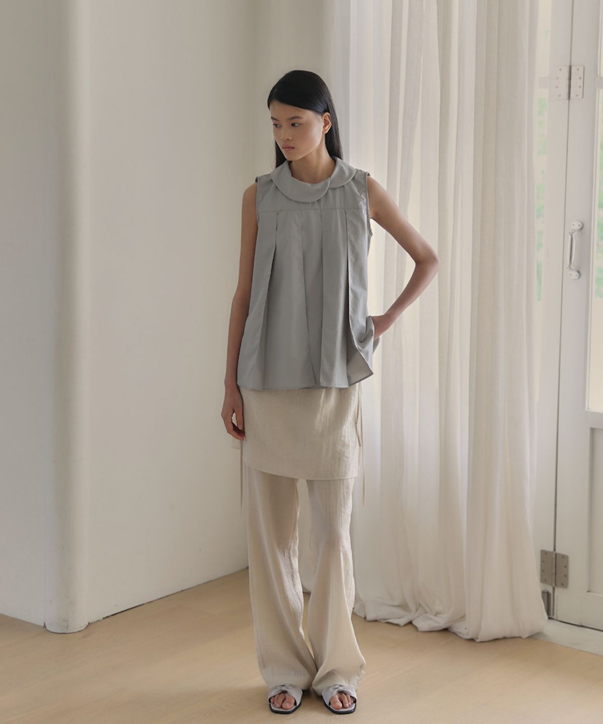 아우로(OURO) SHEER SKIRT PANTS [ CREAM ]