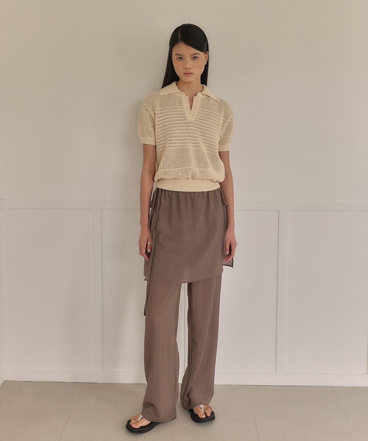 아우로(OURO) SHEER SKIRT PANTS [ BROWN ]