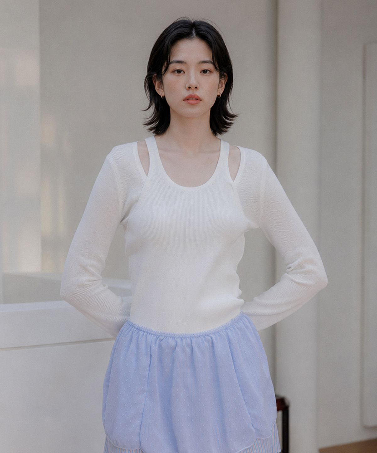 필로트(PELOTE) 메쉬 레이어드 니트 탑 (2color)