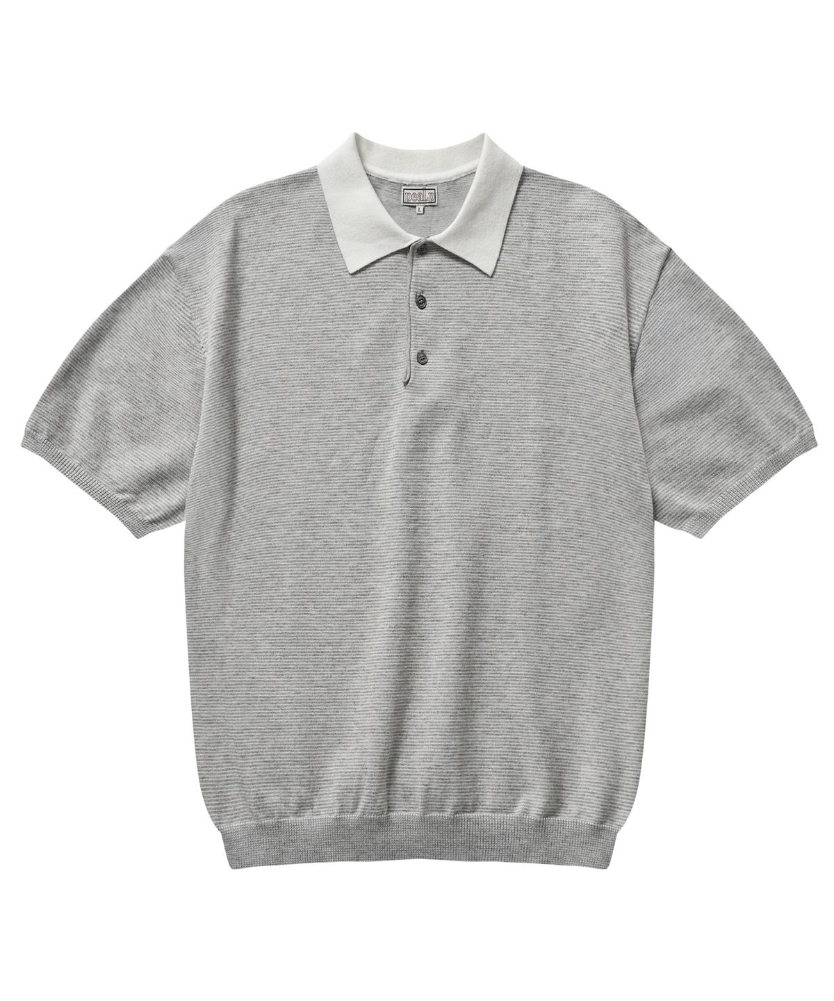 필프(PEALP) Half-Open Collar Short-Sleeved Stripe Knit (Gray)