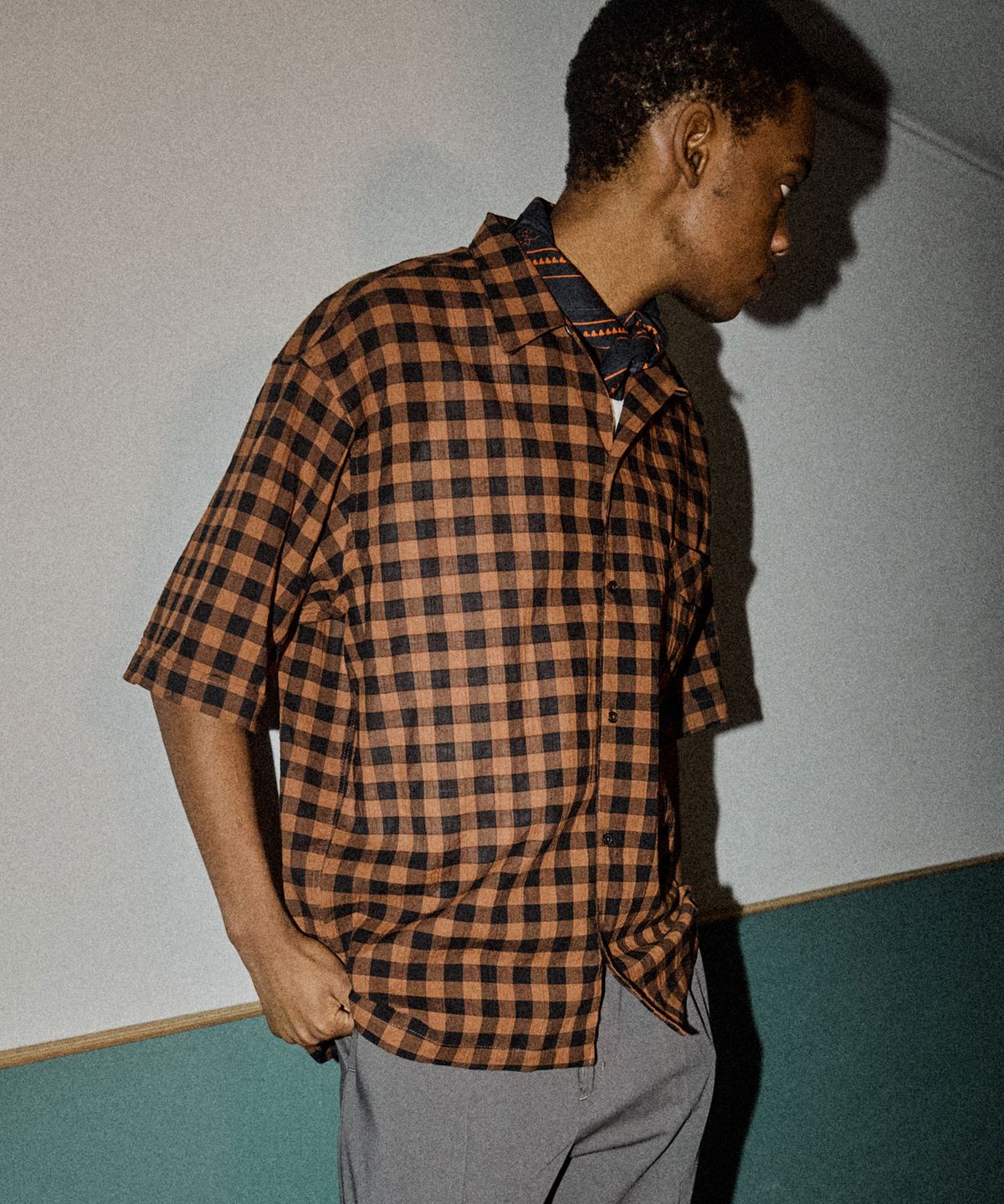 필프(PEALP) Gingham Check Cabra Half Shirts (Brown)