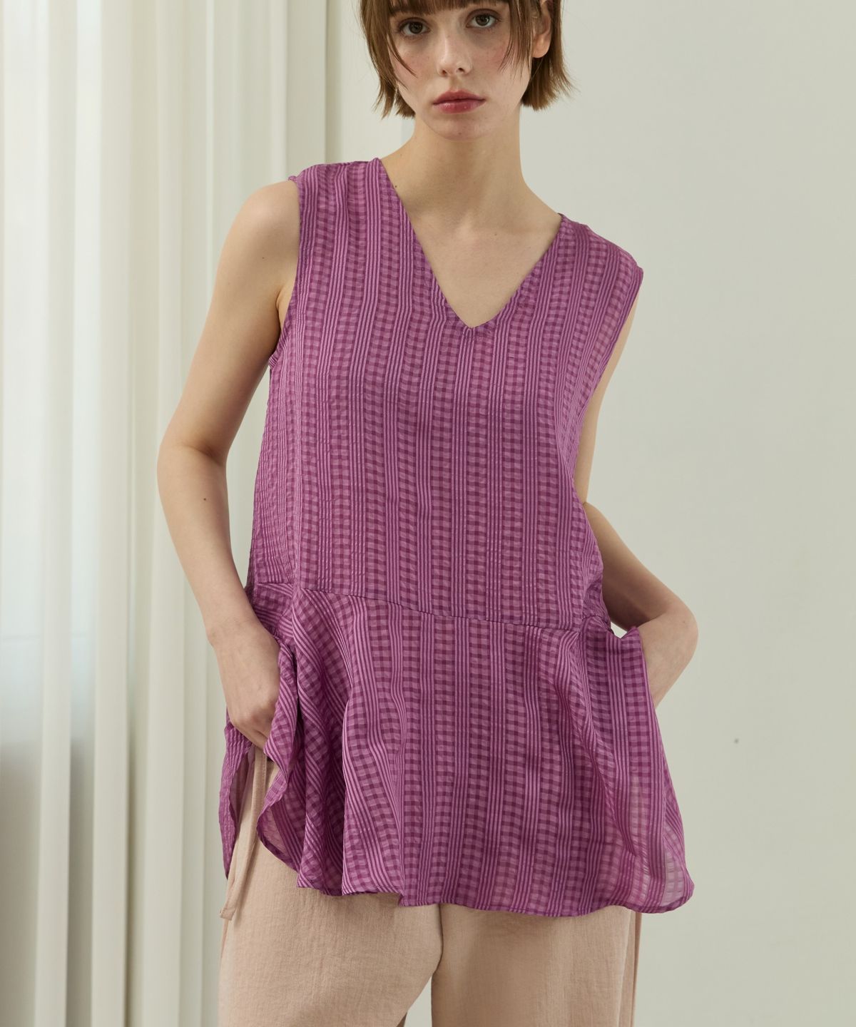 위오이(WIOE) Check Stripe Mix Top_Purple
