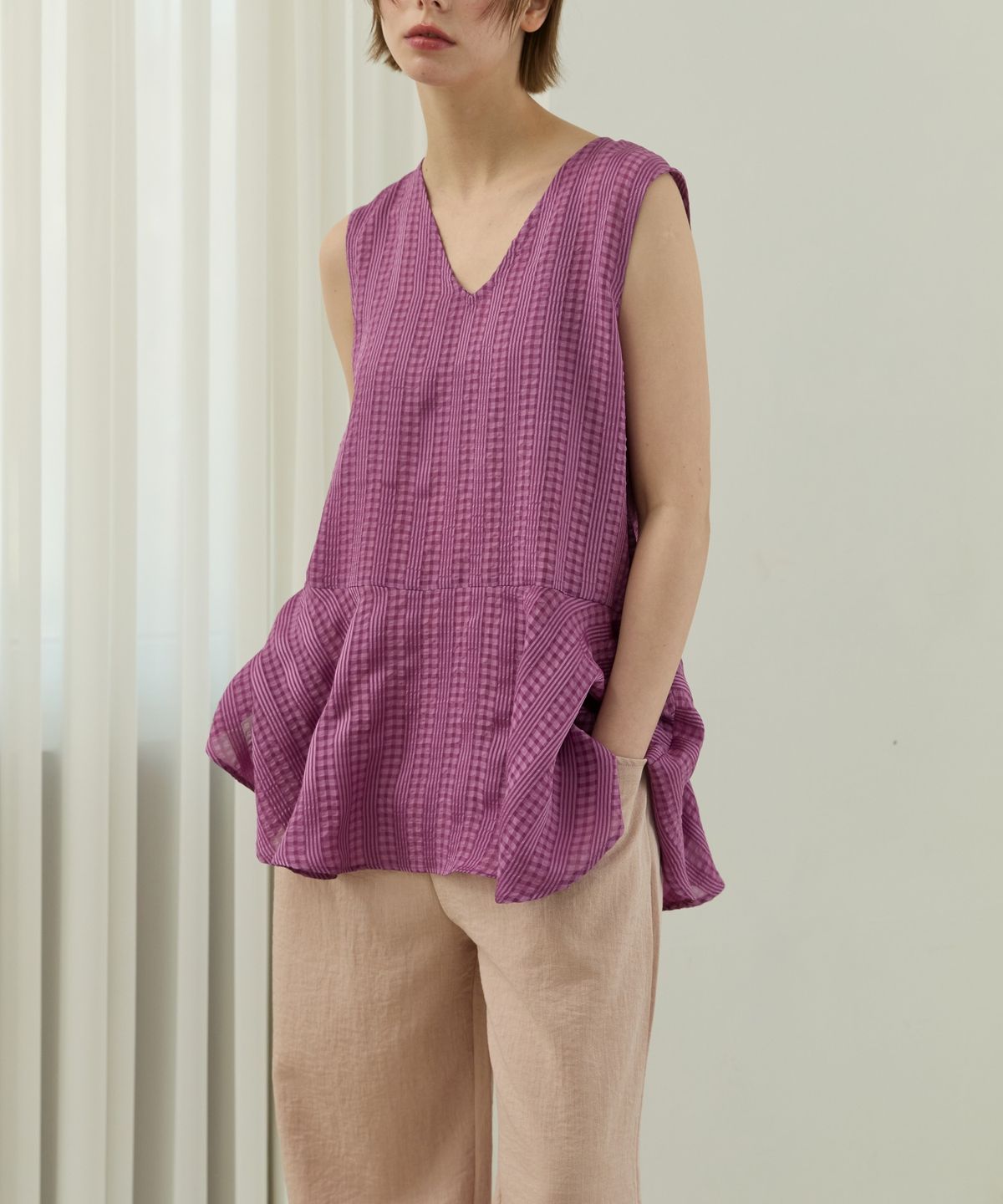 위오이(WIOE) Check Stripe Mix Top_Purple