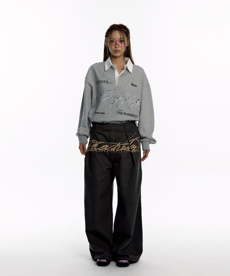 MUSINSA | KASHIKO Embroidered Pintuck Wide Pants Charcoal