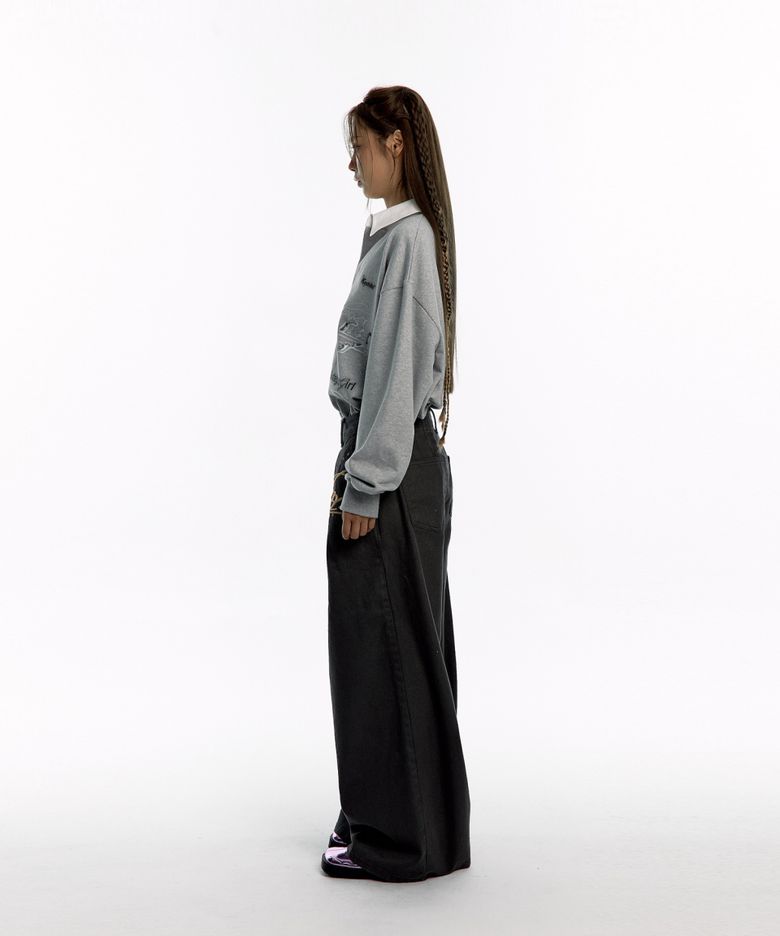 MUSINSA | KASHIKO Embroidered Pintuck Wide Pants Charcoal