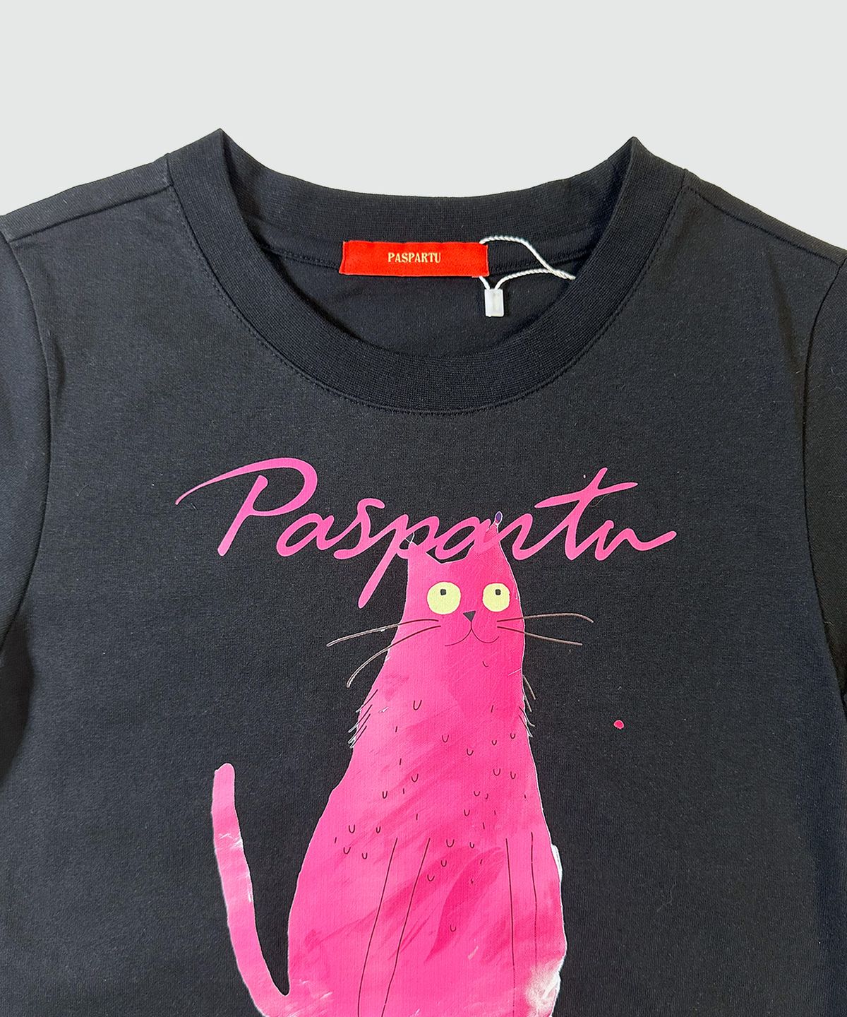 파스파르투(PASPARTU) 핑크 캣 크롭 반팔티 블랙