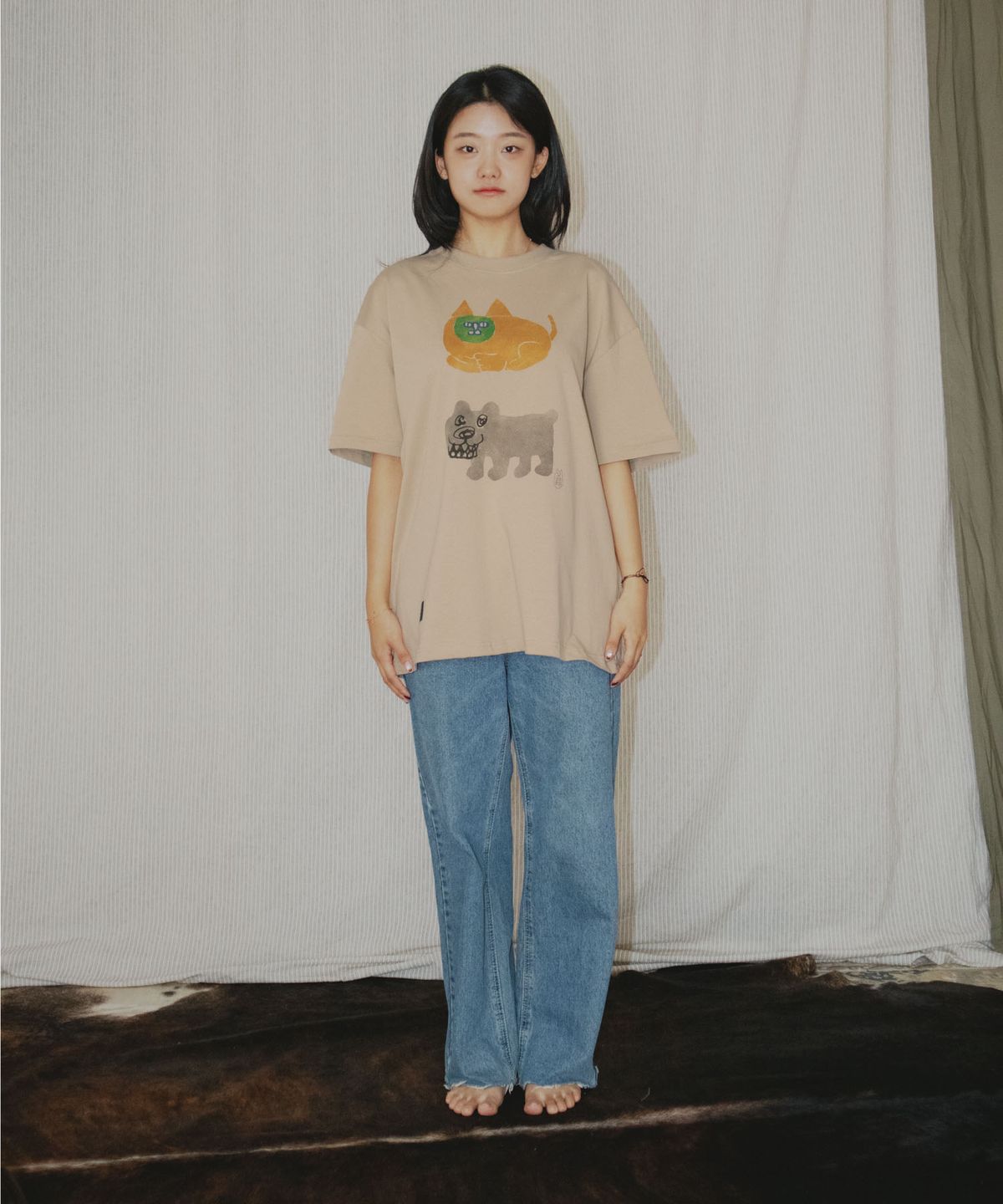 그라운드워크(GROUNDWORK) 고양이와 개 티셔츠 / 베이지