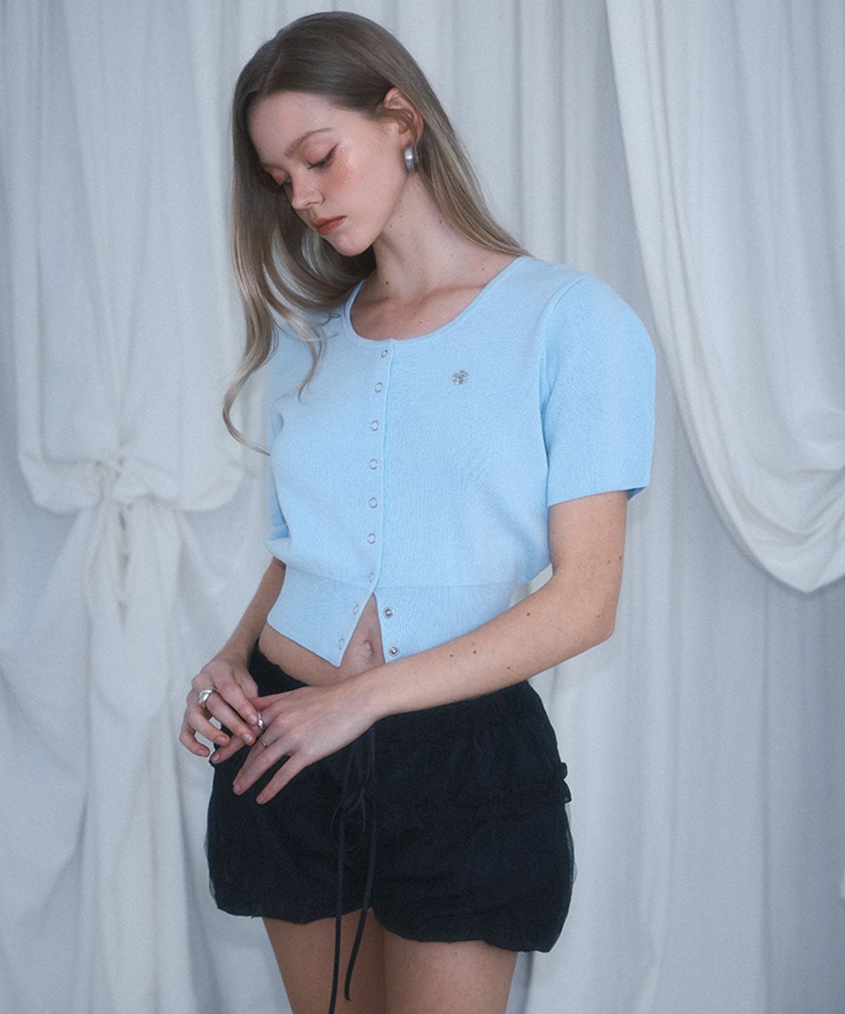 로제프란츠(ROSEFRANTZ) Eyelet Half Sleeve Cardigan [Sky Blue]