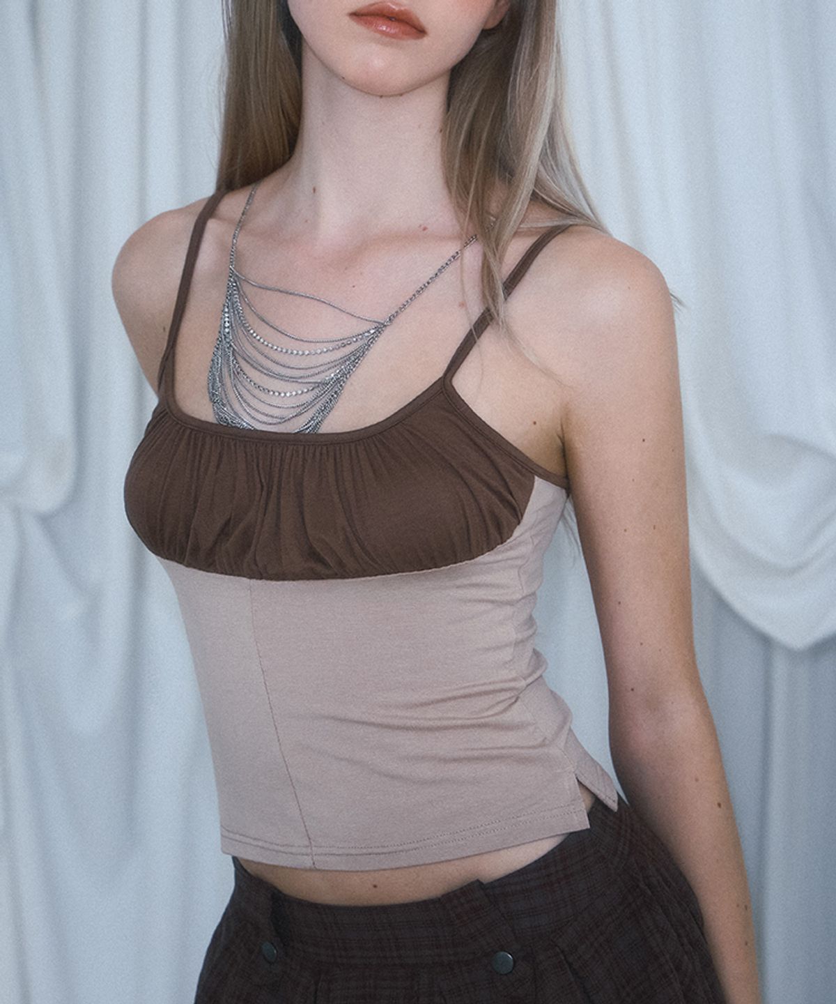 로제프란츠(ROSEFRANTZ) Two Color Shirring Sleeveless [Brown]