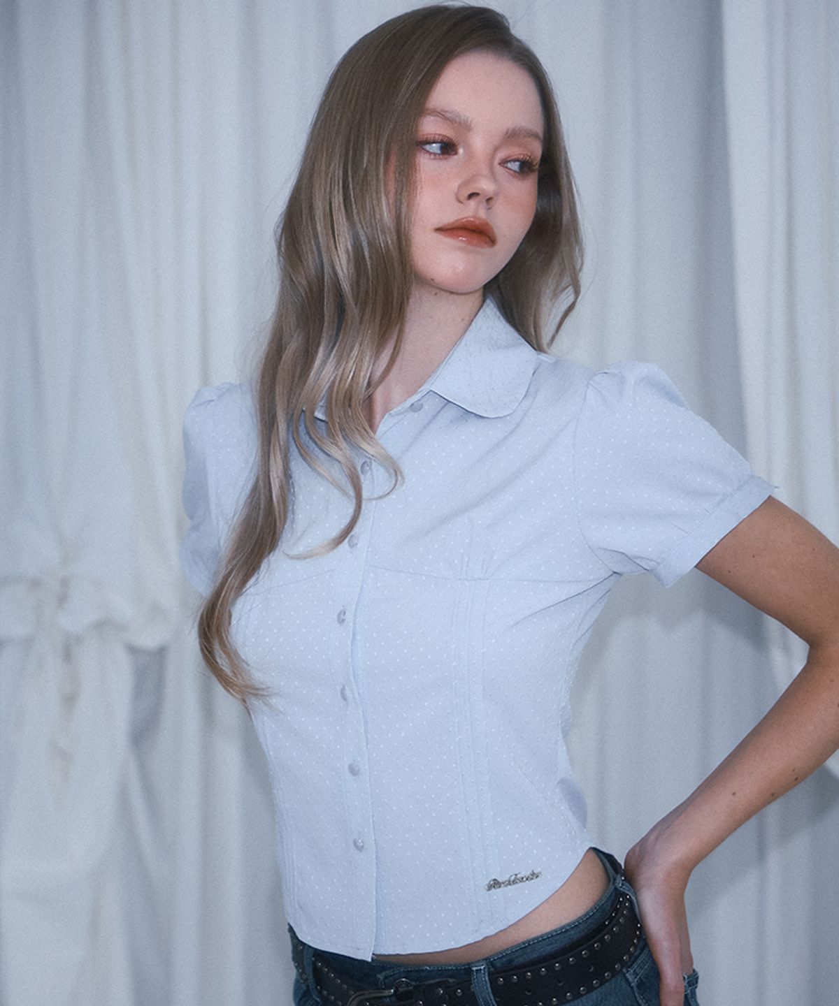 로제프란츠(ROSEFRANTZ) Dot Round Collar Blouse [Blue]