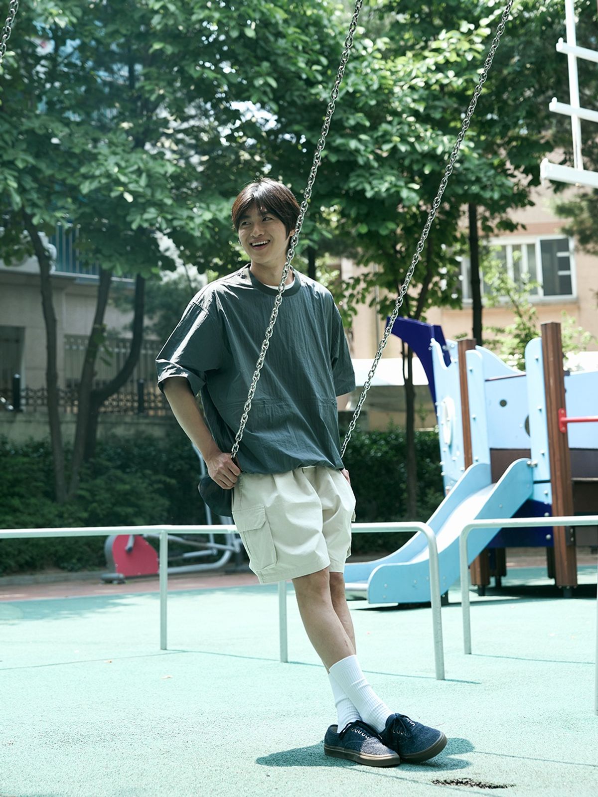 해브해드(HAVEHAD) 포켓 볼륨 스트링 하프 티셔츠(차콜)