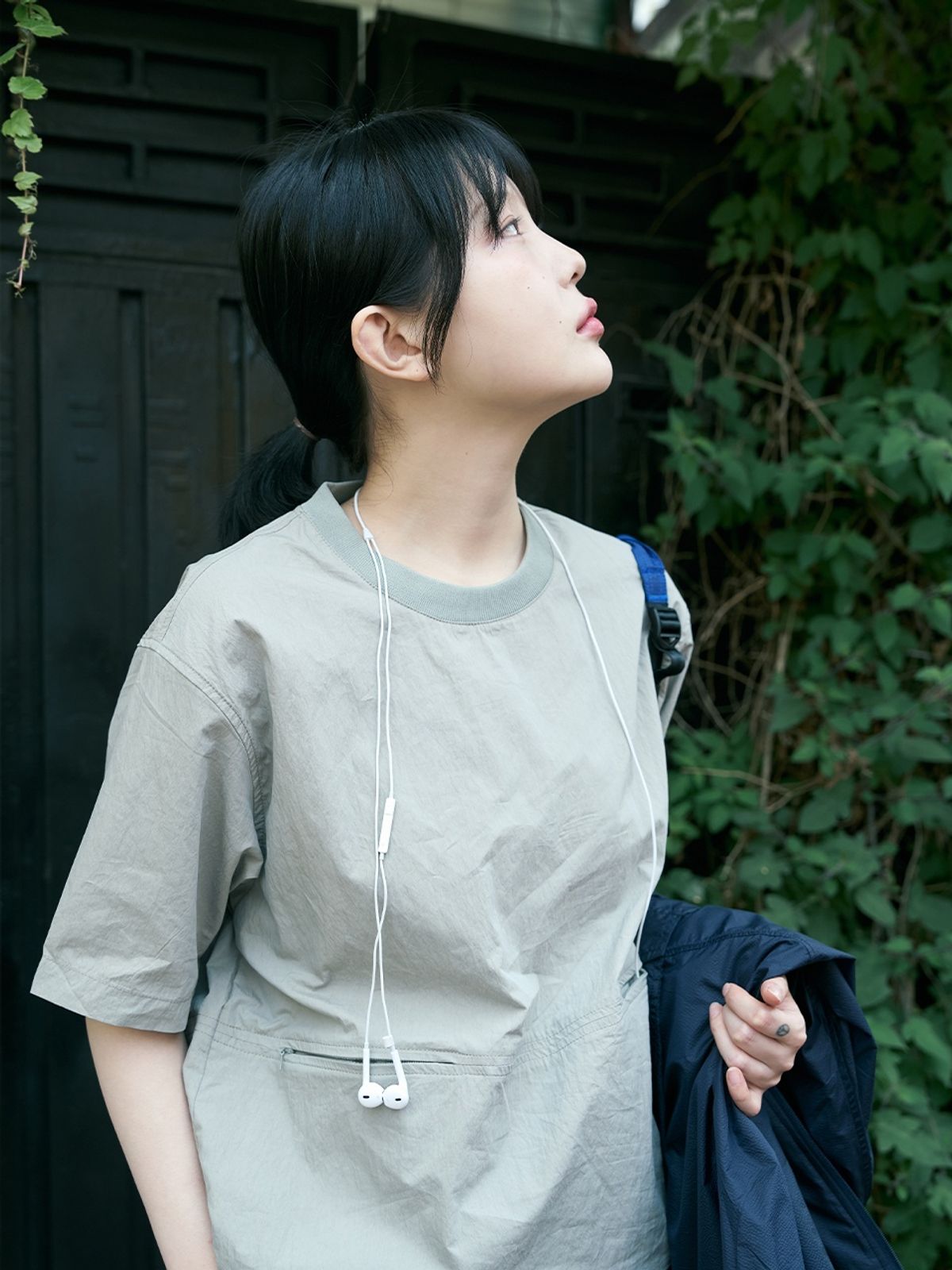 해브해드(HAVEHAD) 포켓 볼륨 스트링 하프 티셔츠(베이지 그레이)