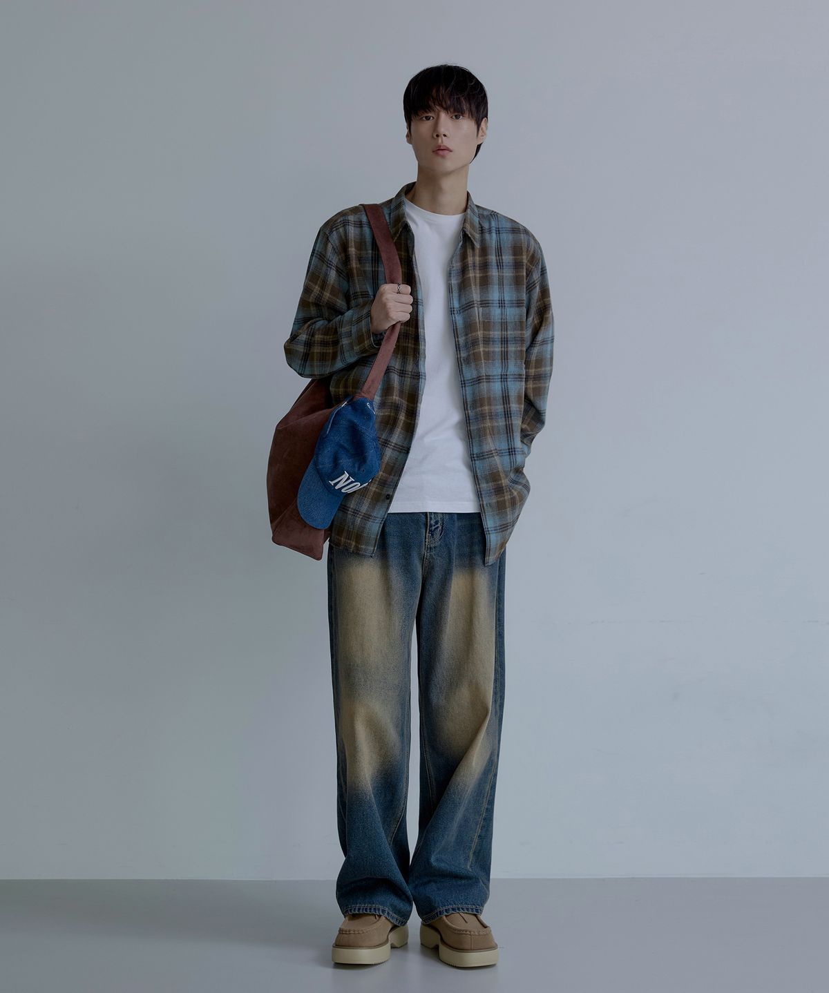 노드유(NODU) 와이드 워싱 데님 팬츠 [딥블루]