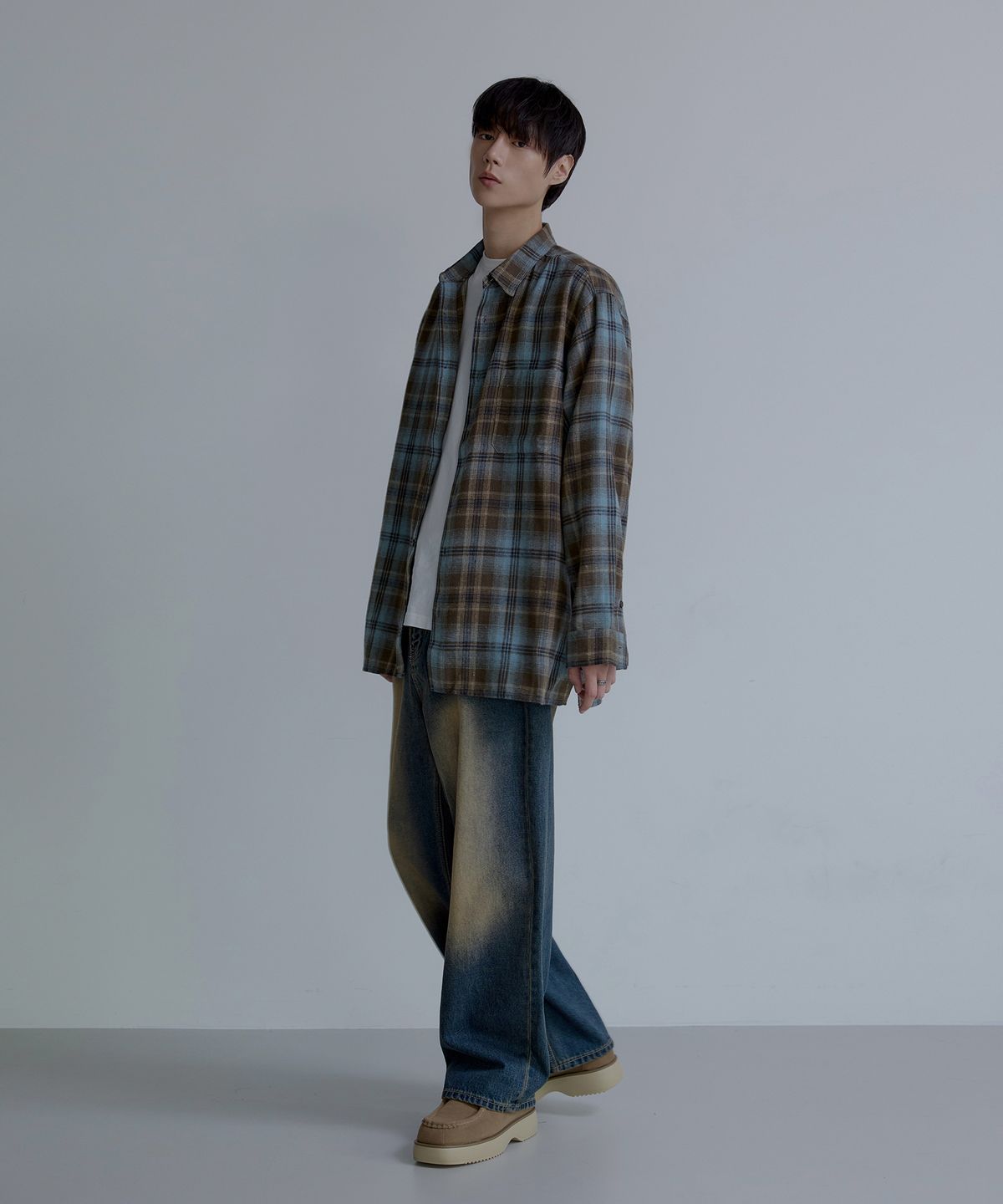 노드유(NODU) 와이드 워싱 데님 팬츠 [딥블루]