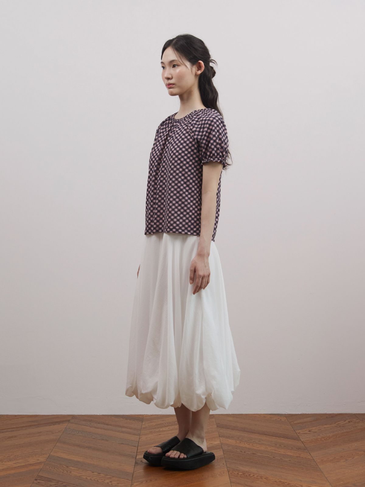 피브스피브스(PEEVES PEEVES) Shirred Check Top / Pink
