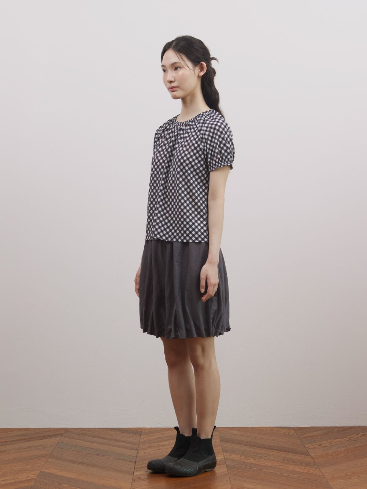 피브스피브스(PEEVES PEEVES) Shirred Check Top / Navy