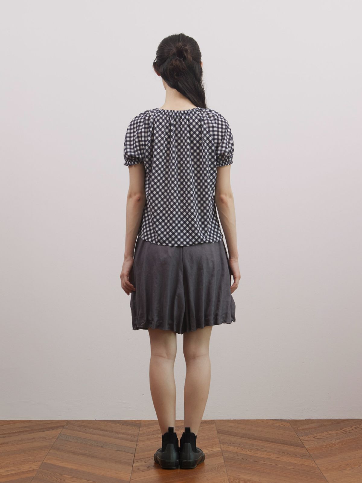피브스피브스(PEEVES PEEVES) Shirred Check Top / Navy